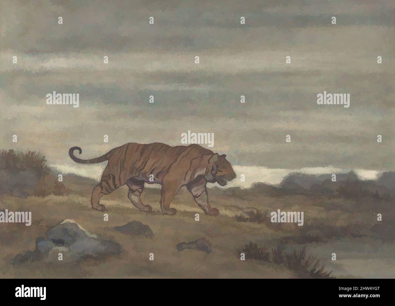 Kunst inspiriert von Tiger Approaching Pool, 1810–75, Aquarell auf Wobelpapier, Blatt: 10 3/4 x 15 1/8 Zoll (27,3 x 38,4cm), Zeichnungen, Antoine-Louis Barye (französisch, Paris 1796–1875 Paris, Klassische Werke, die von Artotop mit einem Schuss Moderne modernisiert wurden. Formen, Farbe und Wert, auffällige visuelle Wirkung auf Kunst. Emotionen durch Freiheit von Kunstwerken auf zeitgemäße Weise. Eine zeitlose Botschaft, die eine wild kreative neue Richtung verfolgt. Künstler, die sich dem digitalen Medium zuwenden und die Artotop NFT erschaffen Stockfoto