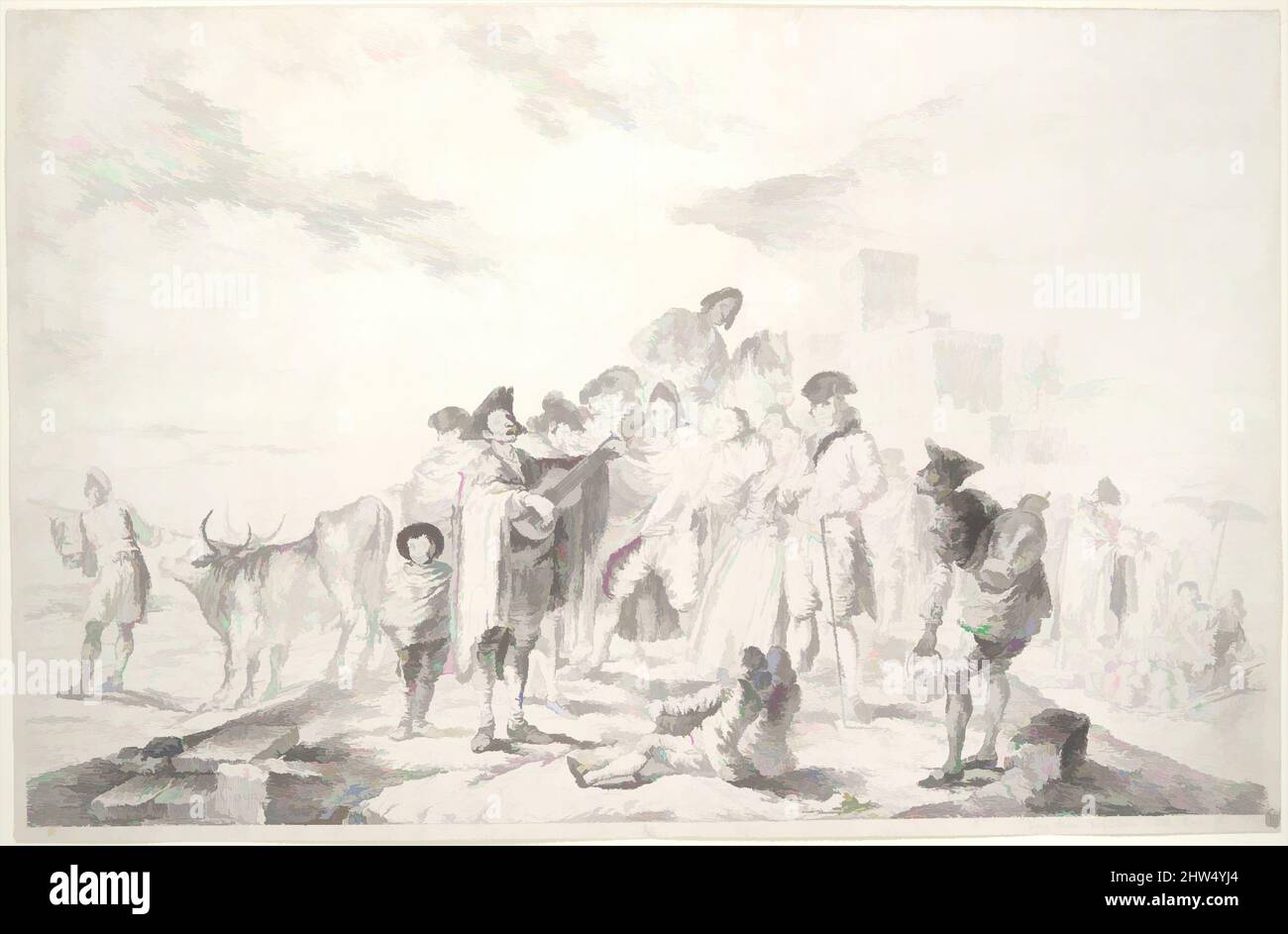 Kunst inspiriert vom blinden Gitarristen (El ciego de la guitarra), ca. 1778, Ätzen; mit Graphit berührter Proof, Blatt: 14 Zoll × 21 5/8 Zoll (35,5 × 55 cm), Drucke, Goya (Francisco de Goya y Lucientes) (Spanisch, Fuendetodos 1746–1828 Bordeaux), im Frühjahr 1778 Goya eingereicht, Klassisches Werk modernisiert von Artotop mit einem Schuss Moderne. Formen, Farbe und Wert, auffällige visuelle Wirkung auf Kunst. Emotionen durch Freiheit von Kunstwerken auf zeitgemäße Weise. Eine zeitlose Botschaft, die eine wild kreative neue Richtung verfolgt. Künstler, die sich dem digitalen Medium zuwenden und die Artotop NFT erschaffen Stockfoto