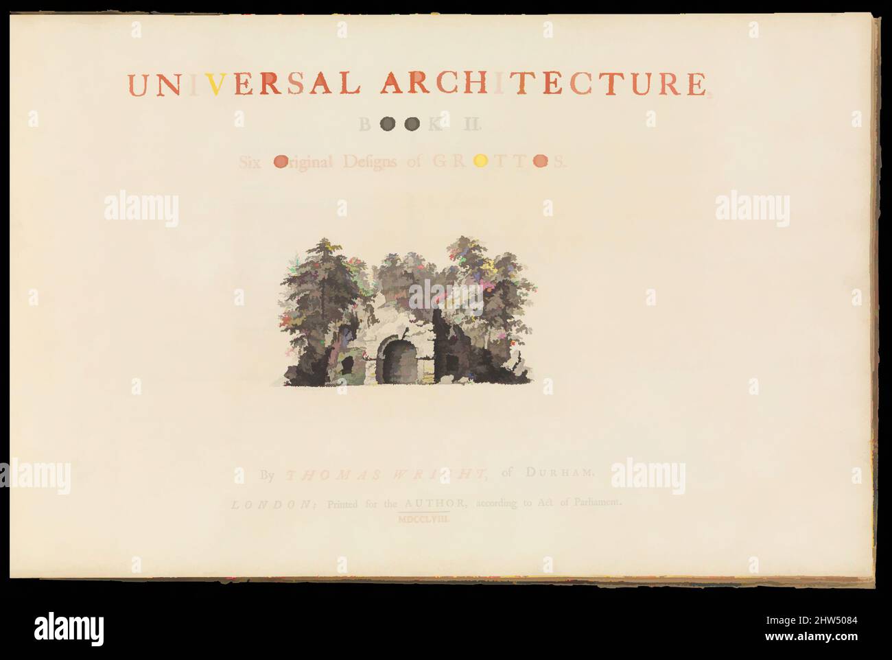 Kunst inspiriert von der universellen Architektur: Buch I, sechs Originalentwürfe von Arbours; Buch II, sechs Originalentwürfe für Grotten, 1755 und 1758, Abbildungen: Radierung, 11 3/4 x 18 9/16 x 3/16in. (29,8 x 47,2 x 0,5cm, Classic Works modernisiert von Artotop mit einem Schuss Moderne. Formen, Farbe und Wert, auffällige visuelle Wirkung auf Kunst. Emotionen durch Freiheit von Kunstwerken auf zeitgemäße Weise. Eine zeitlose Botschaft, die eine wild kreative neue Richtung verfolgt. Künstler, die sich dem digitalen Medium zuwenden und die Artotop NFT erschaffen Stockfoto