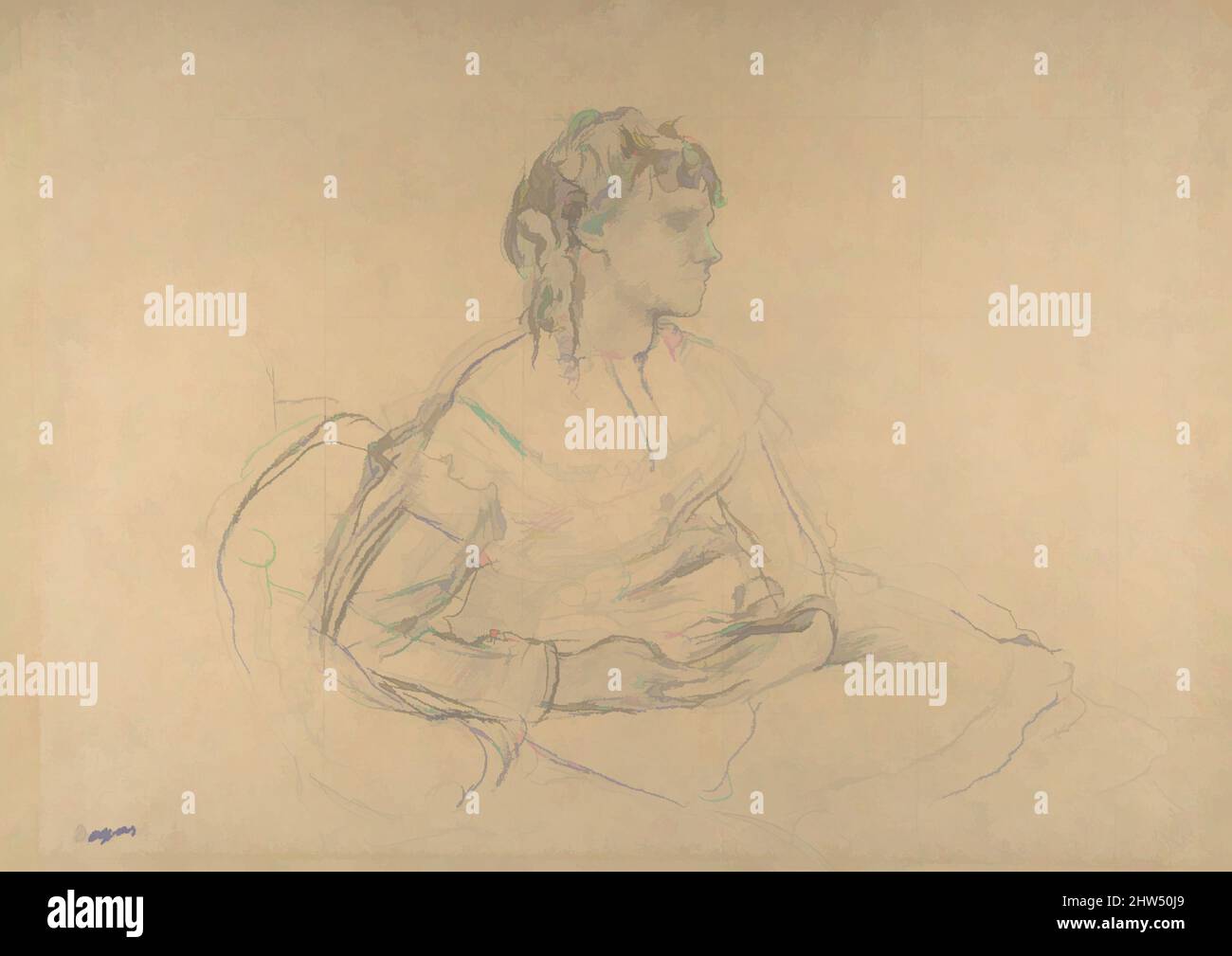 Art Inspired by Study for 'Mme Théodore Gobillard' (geb. Yves Morisot), 1869, Graphit, quadratisch, auf Buff-Pauspapier, auf Büttenpapier montiert, Blatt: 12 3/8 x 17 5/16 Zoll (31,5 x 44cm), Zeichnungen, Edgar Degas (französisch, Paris 1834–1917 Paris), Degas machte diese Porträtskizze der älteren, von Artotop modernisierten, klassischen Werke mit einem Schuss Moderne. Formen, Farbe und Wert, auffällige visuelle Wirkung auf Kunst. Emotionen durch Freiheit von Kunstwerken auf zeitgemäße Weise. Eine zeitlose Botschaft, die eine wild kreative neue Richtung verfolgt. Künstler, die sich dem digitalen Medium zuwenden und die Artotop NFT erschaffen Stockfoto