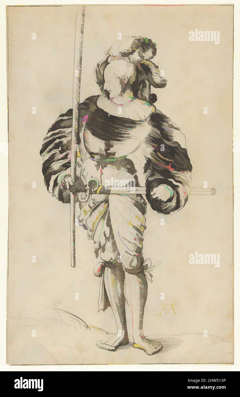 Kunst inspiriert von Einem Schweizer Fußsoldaten, Anfang 16. Jahrhundert, Stift und schwarze Tinte, 11 1/4 x 7 1/8 Zoll (28,6 x 18,1 cm), Zeichnungen, Niklaus Manuel Deutsch zugeschrieben (Schweizer, Bern 1484–1530 Bern, Klassische Werke, die von Artotop mit einem Schuss Moderne modernisiert wurden. Formen, Farbe und Wert, auffällige visuelle Wirkung auf Kunst. Emotionen durch Freiheit von Kunstwerken auf zeitgemäße Weise. Eine zeitlose Botschaft, die eine wild kreative neue Richtung verfolgt. Künstler, die sich dem digitalen Medium zuwenden und die Artotop NFT erschaffen Stockfoto