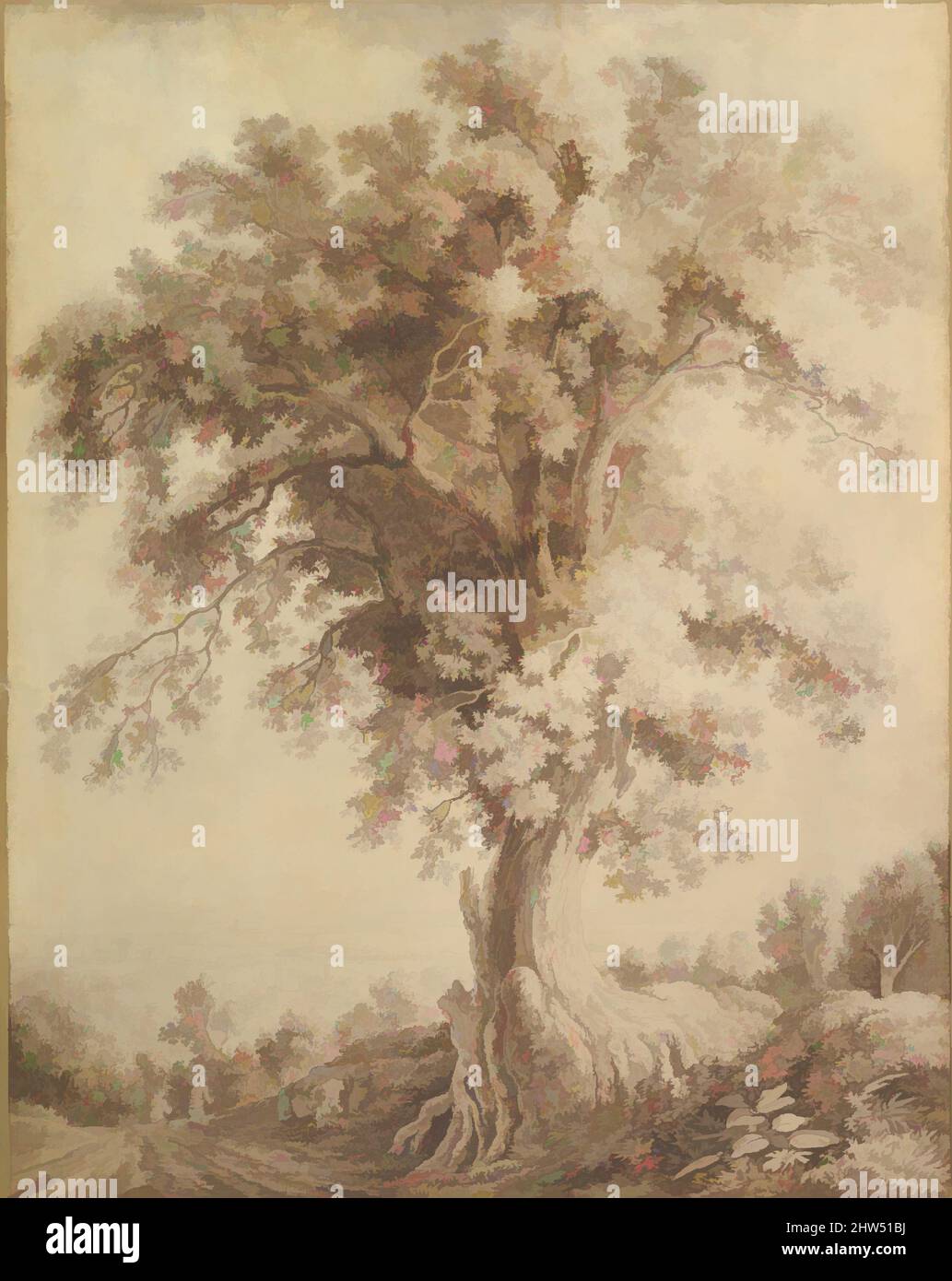 Kunst inspiriert von Einem großen Baum in Albano, 1782, Feder und braune Tinte und braune Farbe überwaschen Graphit; Rahmenlinie in brauner Tinte, Zeichnungen, Jacob Philipp Hackert (Deutsch, Prenzlau 1737–1807 San Pietro di Careggi, Klassische Werke modernisiert von Artotop mit einem Schuss Moderne. Formen, Farbe und Wert, auffällige visuelle Wirkung auf Kunst. Emotionen durch Freiheit von Kunstwerken auf zeitgemäße Weise. Eine zeitlose Botschaft, die eine wild kreative neue Richtung verfolgt. Künstler, die sich dem digitalen Medium zuwenden und die Artotop NFT erschaffen Stockfoto