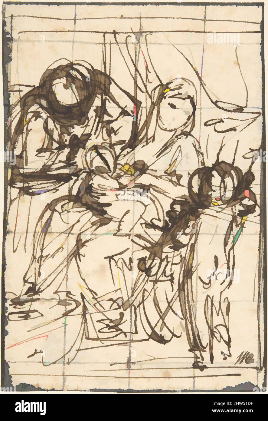 Kunst inspiriert von der Heiligen Familie mit Johannes dem Täufer, Mitte 18.. Jahrhundert, Stift und braune Tinte, quadratisch für Transfer in schwarzer Kreide, 4 7/16 x 3 1/16 Zoll (11,3 x 7,7 cm), Zeichnungen, Anton Raphael Mengs (deutsch, Ústi nad Labem (Aussig) 1728–1779 Rom, Klassische Werke, die von Artotop mit einem Schuss Moderne modernisiert wurden. Formen, Farbe und Wert, auffällige visuelle Wirkung auf Kunst. Emotionen durch Freiheit von Kunstwerken auf zeitgemäße Weise. Eine zeitlose Botschaft, die eine wild kreative neue Richtung verfolgt. Künstler, die sich dem digitalen Medium zuwenden und die Artotop NFT erschaffen Stockfoto