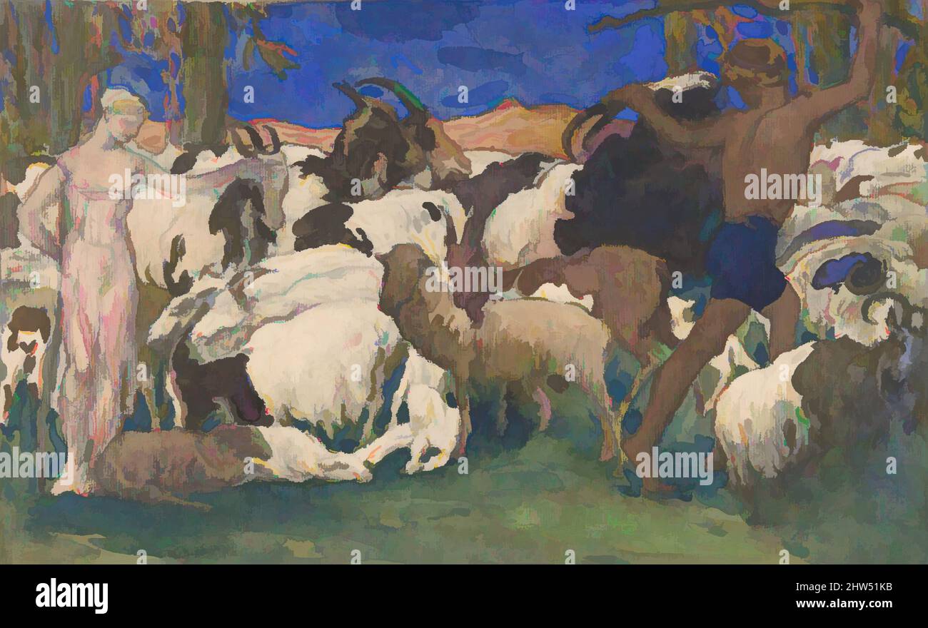 Art Inspired by Landscape with Shepherds, Set Design for the Ballet 'Daphnis and Chloé', aufgeführt am Théâtre du Châtelet in Paris, 1912, 1911, Aquarell, 13 1/8 x 19 3/4 Zoll (33,3 x 50,2 cm), Léon Bakst (Russisch, Grodno 1866–1924 Paris, Klassische Werke, die von Artotop mit einem Schuss Moderne modernisiert wurden. Formen, Farbe und Wert, auffällige visuelle Wirkung auf Kunst. Emotionen durch Freiheit von Kunstwerken auf zeitgemäße Weise. Eine zeitlose Botschaft, die eine wild kreative neue Richtung verfolgt. Künstler, die sich dem digitalen Medium zuwenden und die Artotop NFT erschaffen Stockfoto