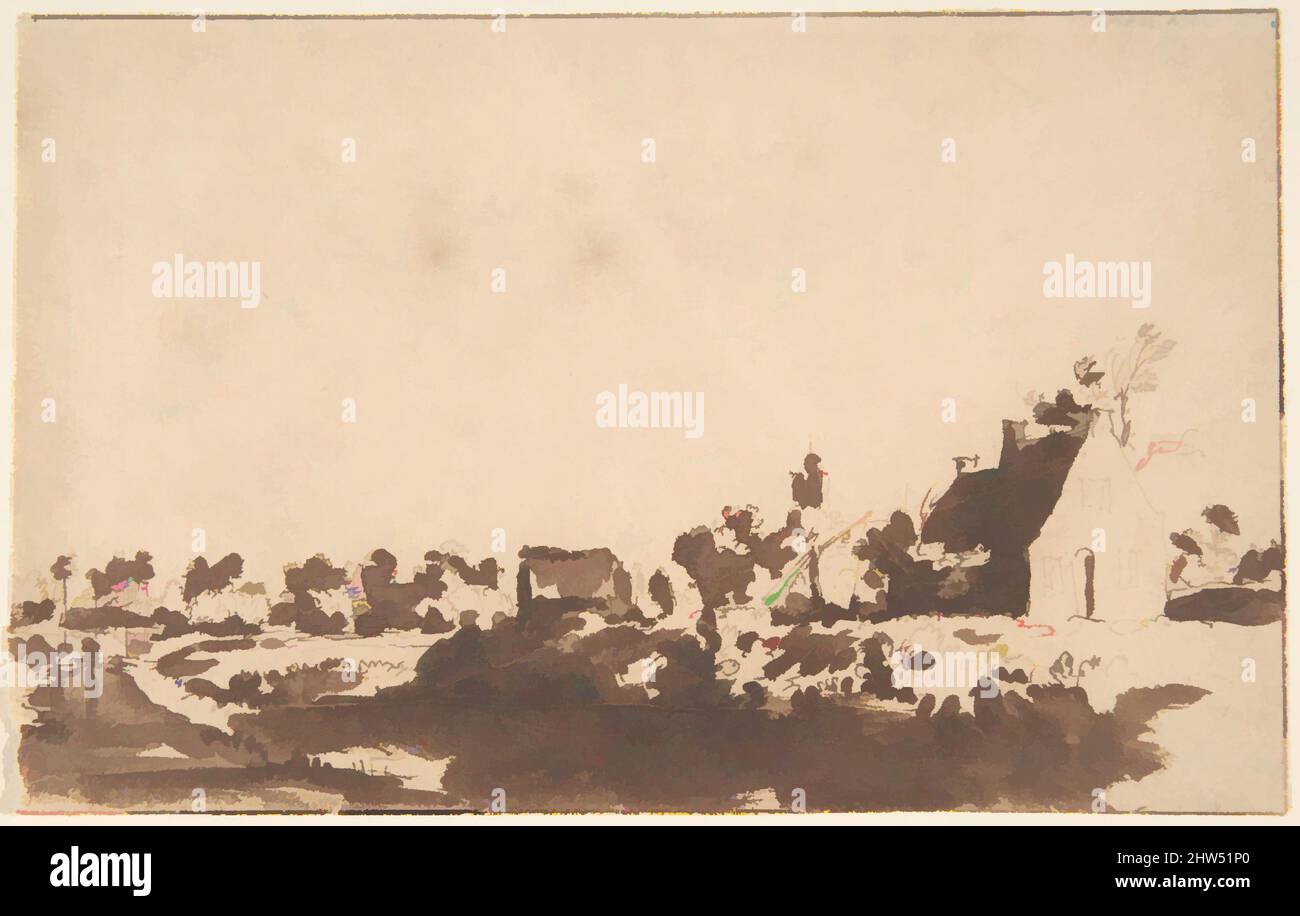 Art Inspired by View of a Village ('Wasschout'?), Mitte 17.. Jahrhundert, Stift und braune Tinte, braune Wäsche, 3 3/4 x 6 Zoll (9,5 x 15,2 cm), Zeichnungen, Jan de Bisschop (Niederländisch, Amsterdam 1628–1671 Den Haag, Klassische Werke, die von Artotop mit einem Schuss Moderne modernisiert wurden. Formen, Farbe und Wert, auffällige visuelle Wirkung auf Kunst. Emotionen durch Freiheit von Kunstwerken auf zeitgemäße Weise. Eine zeitlose Botschaft, die eine wild kreative neue Richtung verfolgt. Künstler, die sich dem digitalen Medium zuwenden und die Artotop NFT erschaffen Stockfoto