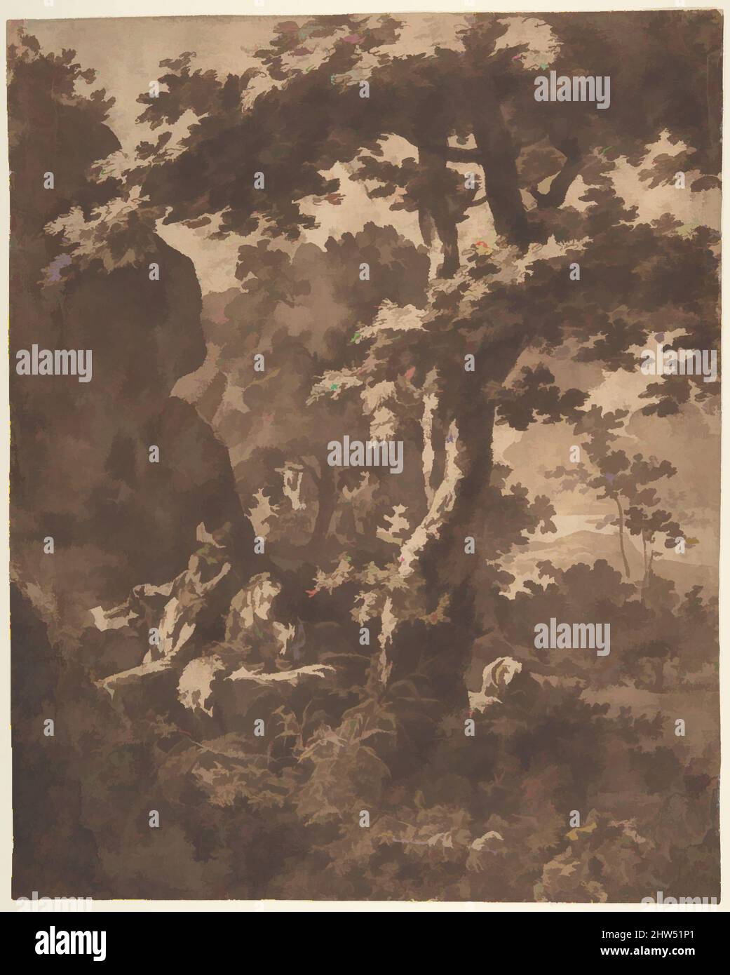 Kunst inspiriert von Mercury Lulling Argus to Sleep in a Landscape, Mitte 17.. Jahrhundert, Stift und braune Tinte, braune Wäsche, 11 x 8 13/16 Zoll (27,9 x 22,4 cm), Zeichnungen, Jan de Bisschop (Niederländisch, Amsterdam 1628–1671 Den Haag, Klassische Werke, die von Artotop mit einem Schuss Moderne modernisiert wurden. Formen, Farbe und Wert, auffällige visuelle Wirkung auf Kunst. Emotionen durch Freiheit von Kunstwerken auf zeitgemäße Weise. Eine zeitlose Botschaft, die eine wild kreative neue Richtung verfolgt. Künstler, die sich dem digitalen Medium zuwenden und die Artotop NFT erschaffen Stockfoto