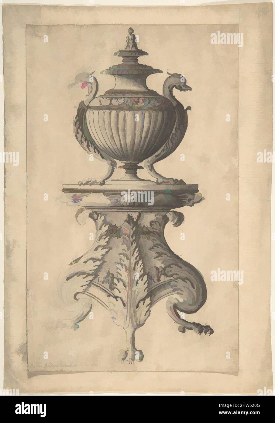 Kunst inspiriert von einer überdeckten Vase auf einem dreifüßigen Sockel, 1510–84, Stift und schwarzer Tinte, Pinsel und Grauwäsche, 10 3/8 x 6 5/16 Zoll (26,3 x 16 cm.), Zeichnungen, Jacques Androuet Du Cerceau (Französisch, Paris 1510/12–1585 Annecy, Klassische Werke, die von Artotop mit einem Schuss Moderne modernisiert wurden. Formen, Farbe und Wert, auffällige visuelle Wirkung auf Kunst. Emotionen durch Freiheit von Kunstwerken auf zeitgemäße Weise. Eine zeitlose Botschaft, die eine wild kreative neue Richtung verfolgt. Künstler, die sich dem digitalen Medium zuwenden und die Artotop NFT erschaffen Stockfoto