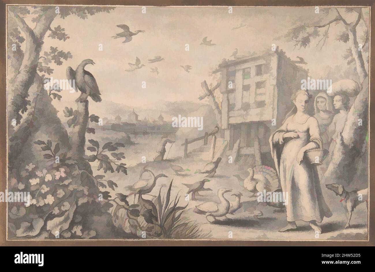 Art Inspired by Landscape with Three Figures and Birds, Mid 17.–late 17. Century, Pen and Brown ink, brush and grey wash, Framing lines in Pen and Brown ink, and brush and Brown wash., 7 5/16 x 10 11/16 Zoll (18,5 x 27,2 cm), Zeichnungen, Albert Flamen (Flämisch, geboren ca. 1620, aktive, klassische Werke, die von Artotop mit einem Schuss Moderne modernisiert wurden. Formen, Farbe und Wert, auffällige visuelle Wirkung auf Kunst. Emotionen durch Freiheit von Kunstwerken auf zeitgemäße Weise. Eine zeitlose Botschaft, die eine wild kreative neue Richtung verfolgt. Künstler, die sich dem digitalen Medium zuwenden und die Artotop NFT erschaffen Stockfoto