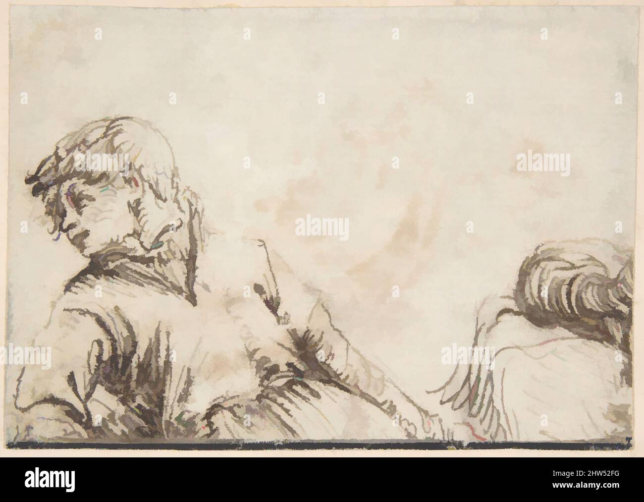 Kunst inspiriert durch das Studium einer Jugend mit dem Kopf nach links gedreht und der Anschiefe auf dem rechten Ellbogen, Ende 16.–Anfang 17. Jahrhundert, Stift und braune Tinte, 3 1/4 x 4 5/8 Zoll (8,2 x 11,7 cm), Zeichnungen, Jacques de Gheyn II (Niederländisch, Antwerpen 1565–1629 Den Haag, Klassische Werke, die von Artotop mit einem Schuss Moderne modernisiert wurden. Formen, Farbe und Wert, auffällige visuelle Wirkung auf Kunst. Emotionen durch Freiheit von Kunstwerken auf zeitgemäße Weise. Eine zeitlose Botschaft, die eine wild kreative neue Richtung verfolgt. Künstler, die sich dem digitalen Medium zuwenden und die Artotop NFT erschaffen Stockfoto