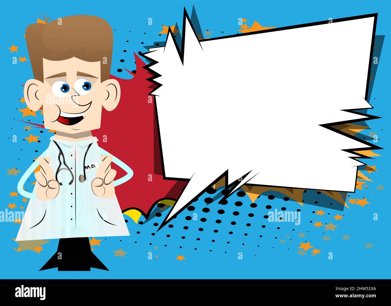 Lustige Cartoon-Arzt kreuzt seine Finger und wünscht sich Viel Glück. Vektorgrafik. Stock Vektor