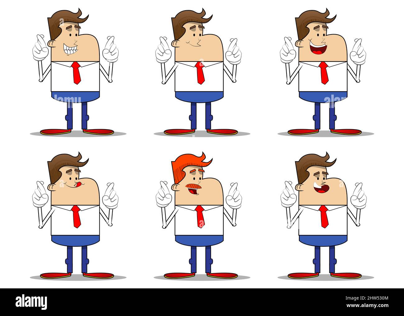 Einfache Retro-Karikatur eines Geschäftsmannes, der die Finger kreuzt und sich Viel Glück. wünscht Professioneller Finanzmitarbeiter in Weiß trägt ein Hemd mit roter Krawatte. Stock Vektor