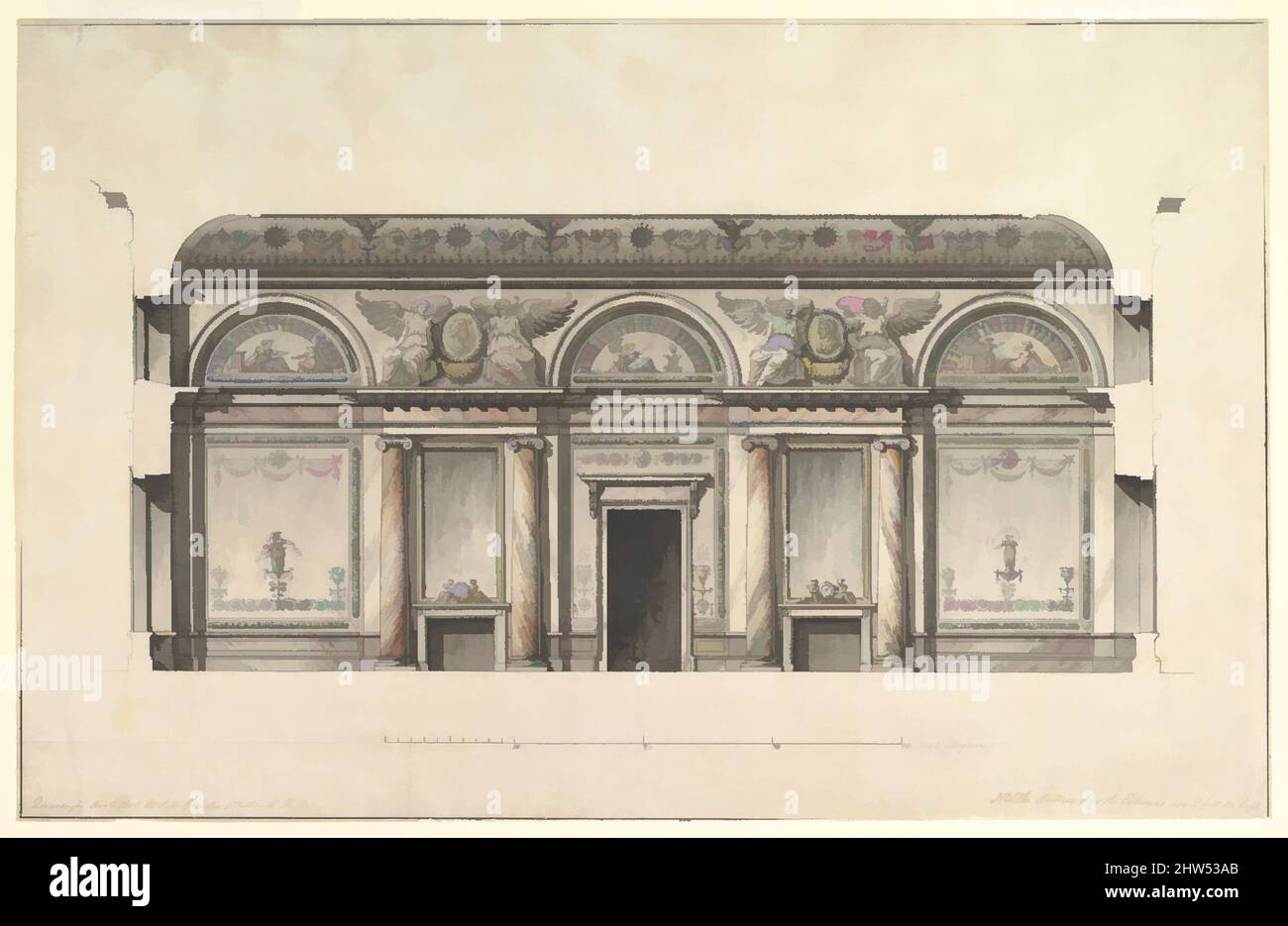 Kunst inspiriert vom zentralen Salon des Alexander-Palastes in Tsarskoe Selo, 1792–96, Stift und schwarze Tinte, Pinsel mit grau, grün, rosa, blau, Braune und gelbe Wäsche über den linierten Konstruktionslinien in Graphit. Fragmente von Rahmenlinien in schwarzer Tinte, 14-5/8 x 22-7/8 Zoll (37,1 x 58,1 cm, Classic Works modernisiert von Artotop mit einem Schuss Modernität. Formen, Farbe und Wert, auffällige visuelle Wirkung auf Kunst. Emotionen durch Freiheit von Kunstwerken auf zeitgemäße Weise. Eine zeitlose Botschaft, die eine wild kreative neue Richtung verfolgt. Künstler, die sich dem digitalen Medium zuwenden und die Artotop NFT erschaffen Stockfoto