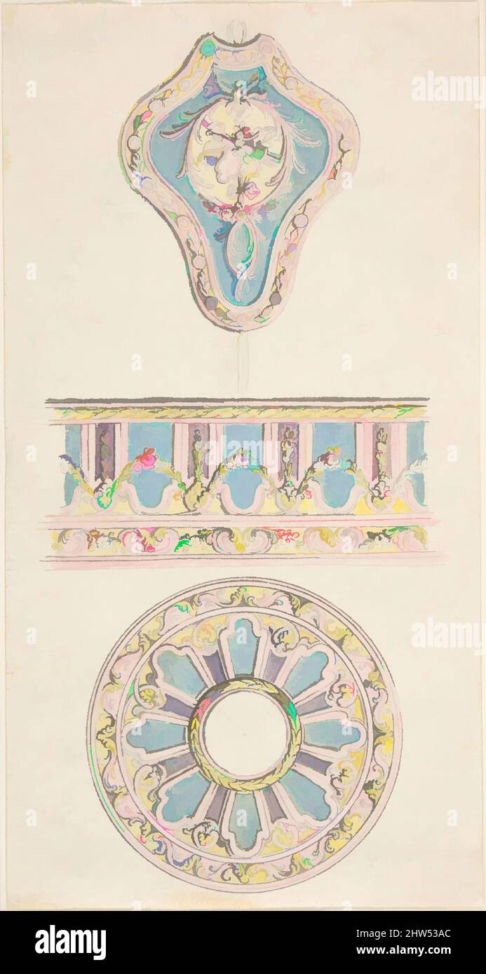 Art Inspired by Design for a Snuff Box, Pen and grey ink with brush and Rose, yellow, violet, blue and Green wash, 8 1/16 x 4 5/16 in. (20,5 x 10,9 cm.), Zeichnungen, zugeschrieben Pierre Moreau (französisch, 1722–1798 Paris, Klassische Werke, die von Artotop mit einem Schuss Moderne modernisiert wurden. Formen, Farbe und Wert, auffällige visuelle Wirkung auf Kunst. Emotionen durch Freiheit von Kunstwerken auf zeitgemäße Weise. Eine zeitlose Botschaft, die eine wild kreative neue Richtung verfolgt. Künstler, die sich dem digitalen Medium zuwenden und die Artotop NFT erschaffen Stockfoto