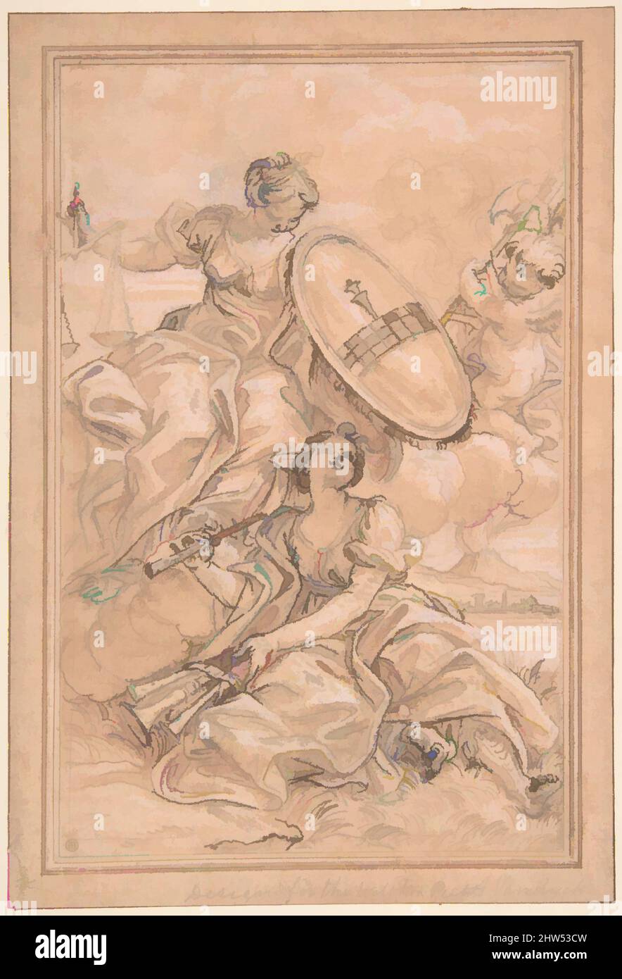 Kunst, inspiriert von allegorischer Komposition: Music and Justice with the Spinola Arms, 1639–1709, Stift und braune Tinte, Pinsel und braune Wäsche, mit weißer, schwarzer Kreide hervorgehoben, auf roségewaschenem Papier, 7-13/16 x 5-5/16 in. (19,9 x 13,5 cm), Zeichnungen, Giovanni Battista Gaulli (Il Baciccio, Klassische Werke, die von Artotop mit einem Schuss Moderne modernisiert wurden. Formen, Farbe und Wert, auffällige visuelle Wirkung auf Kunst. Emotionen durch Freiheit von Kunstwerken auf zeitgemäße Weise. Eine zeitlose Botschaft, die eine wild kreative neue Richtung verfolgt. Künstler, die sich dem digitalen Medium zuwenden und die Artotop NFT erschaffen Stockfoto