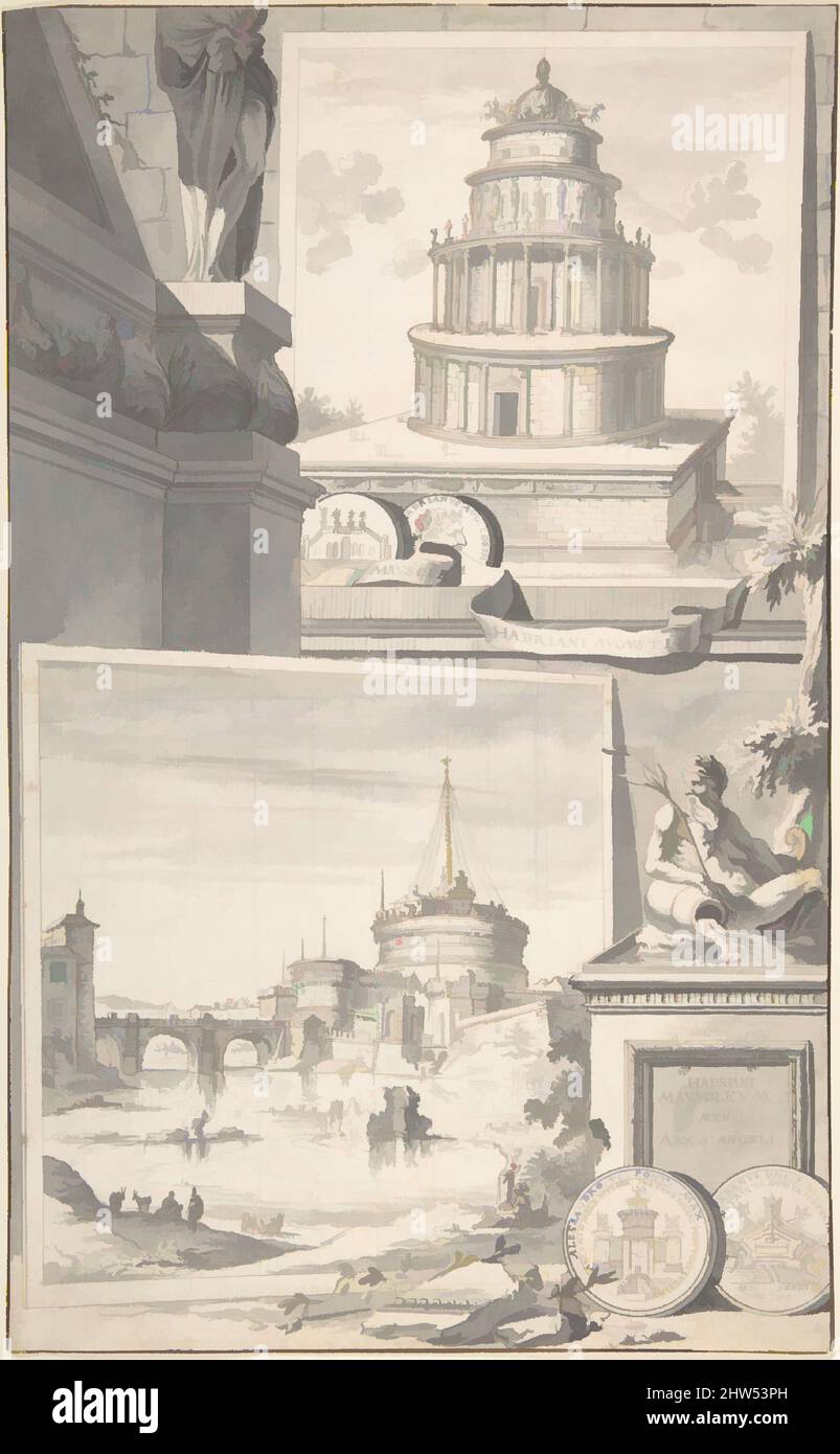 Kunst inspiriert von der Rekonstruktion des Hadrianmausoleums (oben) und einem Blick auf die Engelsburg (unten), vor 1704, Stift und schwarze Tinte, Pinsel und Grauwäsche, rote Kreide, unteres Bild in schwarzer Kreide quadratisch. Eingeschnitten, 13 x 8 Zoll (33,0 x 20,3 cm), Zeichnungen, Jan Goeree (Niederländisch, Klassische Werke, die von Artotop mit einem Schuss Moderne modernisiert wurden. Formen, Farbe und Wert, auffällige visuelle Wirkung auf Kunst. Emotionen durch Freiheit von Kunstwerken auf zeitgemäße Weise. Eine zeitlose Botschaft, die eine wild kreative neue Richtung verfolgt. Künstler, die sich dem digitalen Medium zuwenden und die Artotop NFT erschaffen Stockfoto