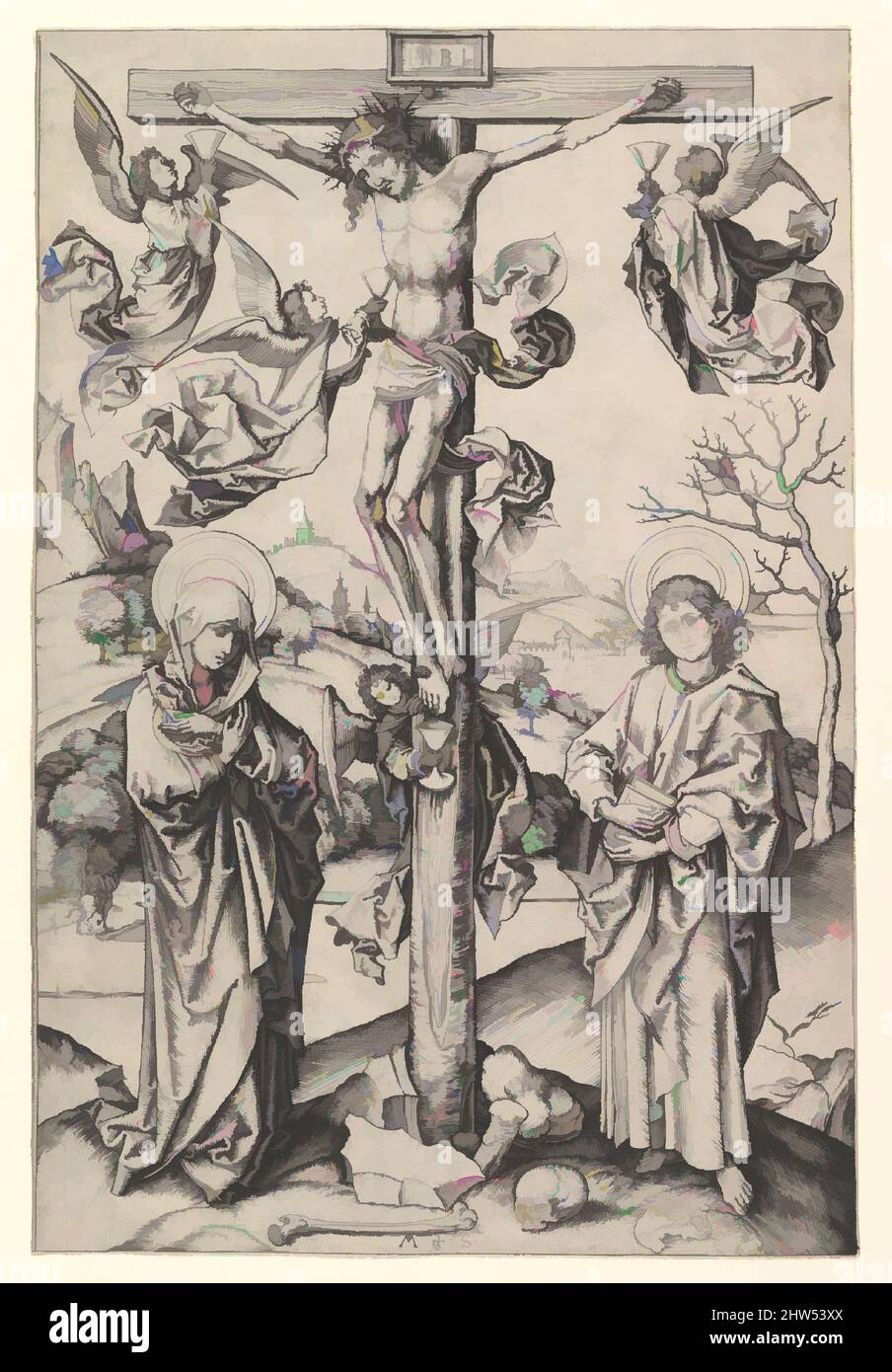 Kunst inspiriert von der Kreuzigung mit vier Engeln, 15. Jahrhundert, Gravur, 11 1/2 x 7 3/4 Zoll (29,2 x 19,7 cm), Drucke, Martin Schongauer (deutsch, Colmar ca. 1435/50–1491 Breisach, Klassisches Werk von Artotop mit einem Schuss Moderne modernisiert. Formen, Farbe und Wert, auffällige visuelle Wirkung auf Kunst. Emotionen durch Freiheit von Kunstwerken auf zeitgemäße Weise. Eine zeitlose Botschaft, die eine wild kreative neue Richtung verfolgt. Künstler, die sich dem digitalen Medium zuwenden und die Artotop NFT erschaffen Stockfoto