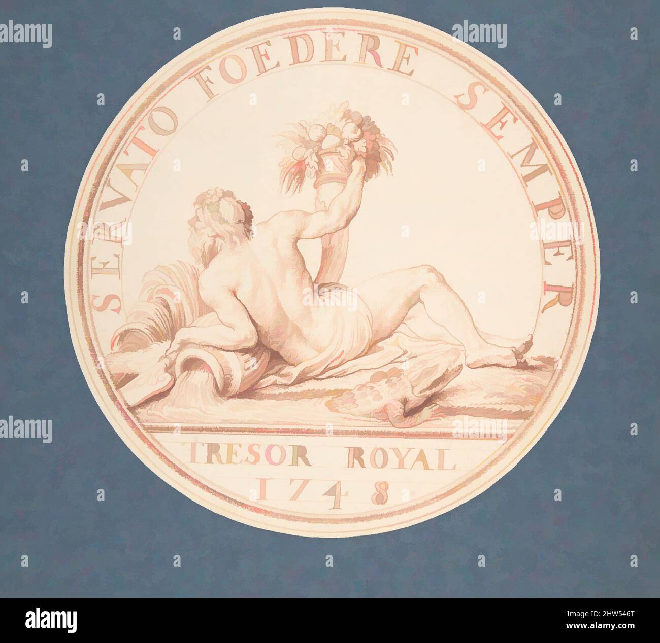 Von Design for a Token inspirierte Kunst: Trésor Royal 1748, 1748, Rote Kreide auf liniertem Papier, 8 1/4 Zoll (21 cm) Durchmesser, Zeichnungen, Edme Bouchardon (französisch, Chaumont 1698–1762 Paris, Klassische Werke, die von Artotop mit einem Schuss Moderne modernisiert wurden. Formen, Farbe und Wert, auffällige visuelle Wirkung auf Kunst. Emotionen durch Freiheit von Kunstwerken auf zeitgemäße Weise. Eine zeitlose Botschaft, die eine wild kreative neue Richtung verfolgt. Künstler, die sich dem digitalen Medium zuwenden und die Artotop NFT erschaffen Stockfoto