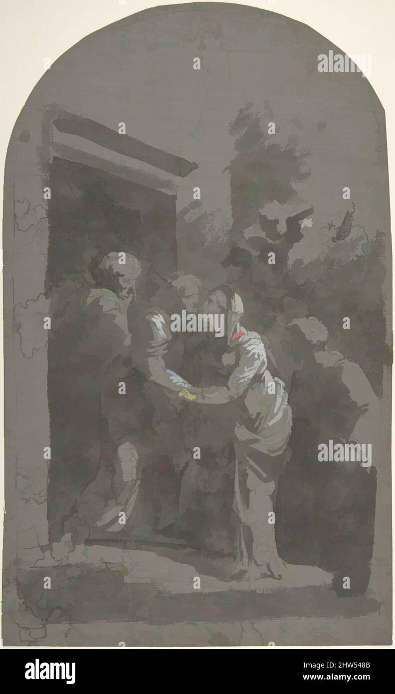 Art Inspired by Visitation, 1768–1837, Pinsel mit dunkelgrauer und schwarzer Aquarell-/Gouache-Waschung und Stift sowie brauner Tinte, hervorgehoben mit Pinsel und weißer Gouache auf grauem, abgewaschenen, in Form geschnittenen, weißen Papier mit gewölbter Oberseite. Komposition mit Stift und schwarzer Tinte., 15-3/16 x 9-3/16 in, Klassisches Werk, modernisiert von Artotop mit einem Schuss Moderne. Formen, Farbe und Wert, auffällige visuelle Wirkung auf Kunst. Emotionen durch Freiheit von Kunstwerken auf zeitgemäße Weise. Eine zeitlose Botschaft, die eine wild kreative neue Richtung verfolgt. Künstler, die sich dem digitalen Medium zuwenden und die Artotop NFT erschaffen Stockfoto