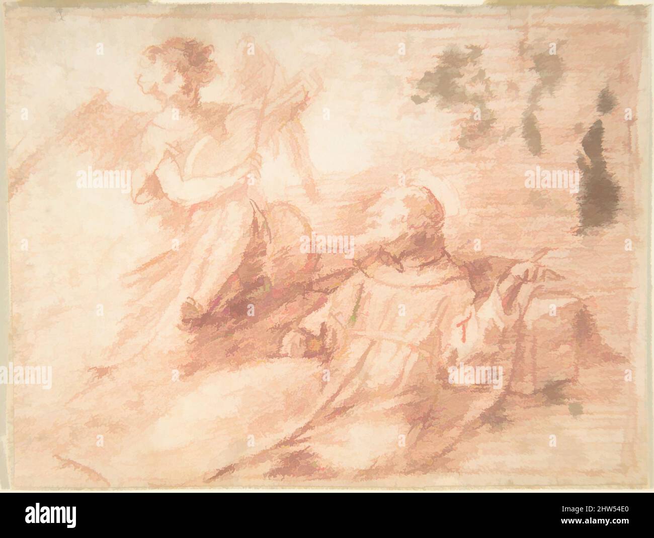 Kunst, inspiriert vom Heiligen Franziskus und einem Engel mit einer Viola da Bracio (die Ekstase des Heiligen Franziskus), 17.. Jahrhundert, Rote Kreide. Komposition auf drei Seiten mit der gleichen skizziert. Auf unweißem Papier, 3-9/16 x 4-3/4 Zoll (9,0 x 12,0 cm), Zeichnungen, Anonym, Spanisch, Schule von Sevilla, 17., Classic Works modernisiert von Artotop mit einem Schuss Moderne. Formen, Farbe und Wert, auffällige visuelle Wirkung auf Kunst. Emotionen durch Freiheit von Kunstwerken auf zeitgemäße Weise. Eine zeitlose Botschaft, die eine wild kreative neue Richtung verfolgt. Künstler, die sich dem digitalen Medium zuwenden und die Artotop NFT erschaffen Stockfoto