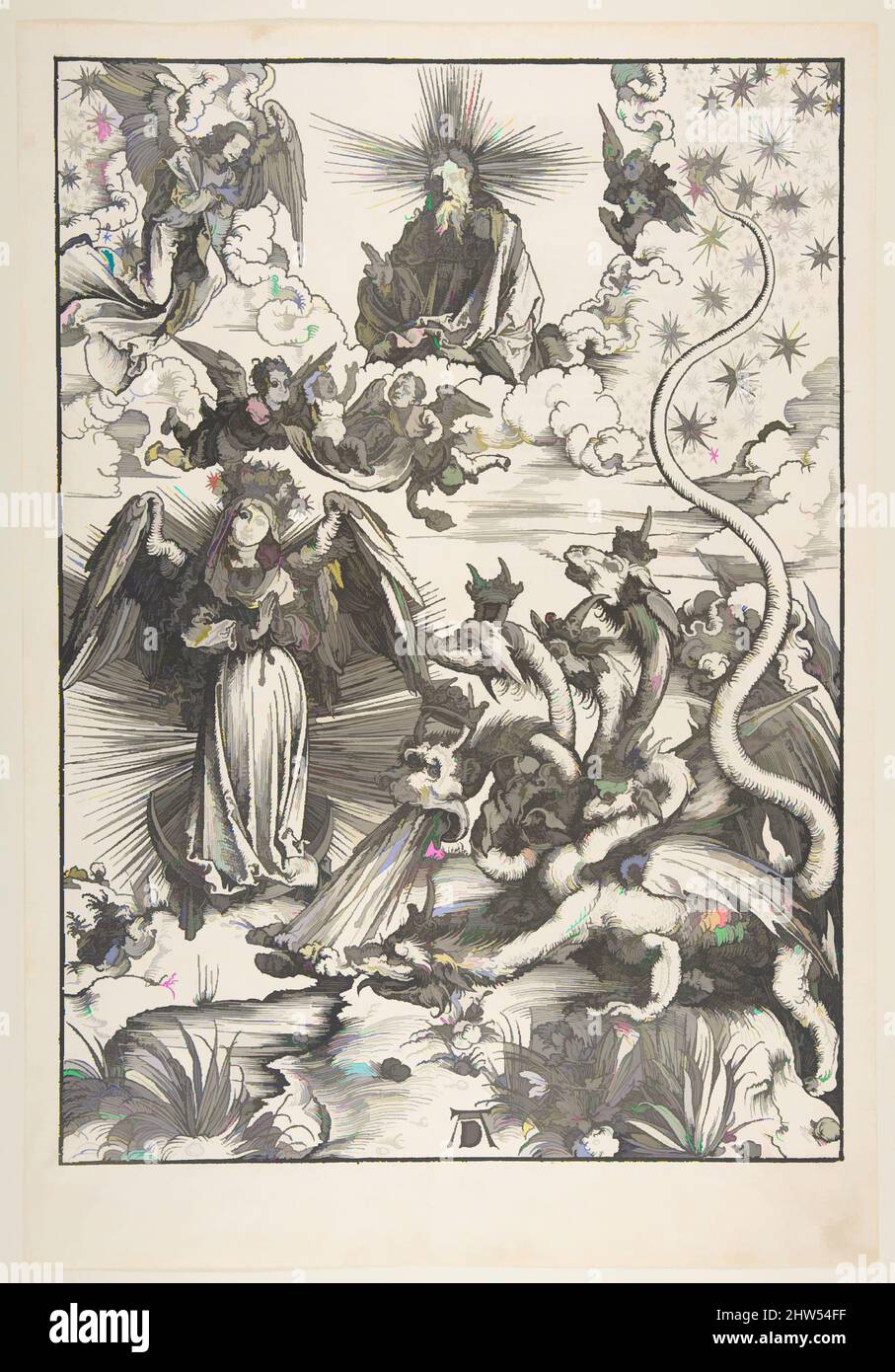 Von der apokalyptischen Frau inspirierte Kunst, aus der Apokalypse, 1511, Holzschnitt, Block: 15 1/2 x 11 Zoll (39,3 x 28 cm), Drucke, Albrecht Dürer (deutsch, Nürnberg 1471–1528 Nürnberg, Klassische Werke, die von Artotop mit einem Schuss Moderne modernisiert wurden. Formen, Farbe und Wert, auffällige visuelle Wirkung auf Kunst. Emotionen durch Freiheit von Kunstwerken auf zeitgemäße Weise. Eine zeitlose Botschaft, die eine wild kreative neue Richtung verfolgt. Künstler, die sich dem digitalen Medium zuwenden und die Artotop NFT erschaffen Stockfoto