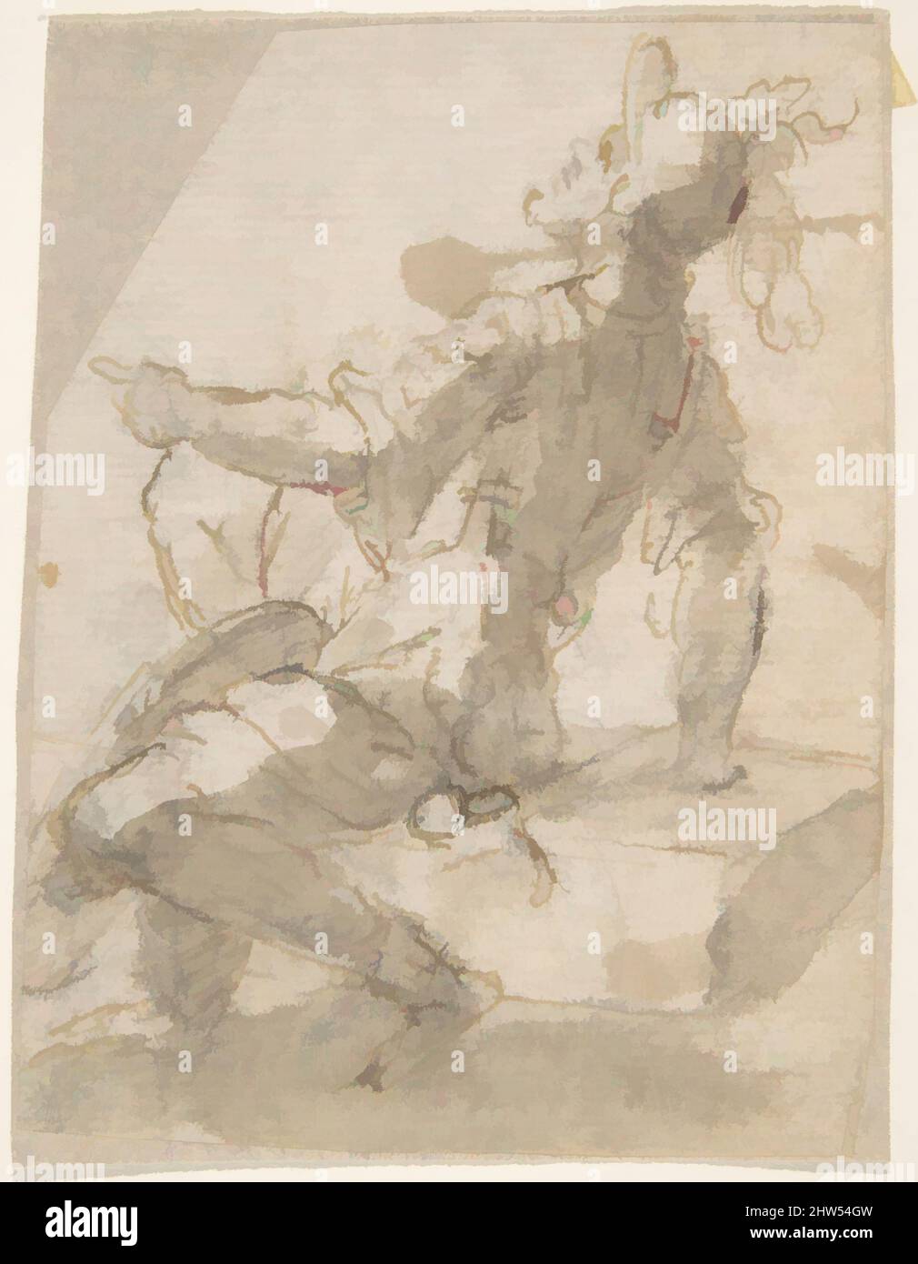 Kunst inspiriert von der verblüfften Figur eines Soldaten auf einem Block sitzend, 17. Jahrhundert, Stift und hellbrauner Tinte mit Pinsel und hellbrauner Wäsche über schwarzer Kreideunterzeichnung. Auf unweißem Papier, 4-3/4 x 3-9/16 Zoll (12,1 x 9,0 cm), Zeichnungen, Anonym, Spanisch, Schule von Sevilla, 17.. Jahrhundert, Klassisches Werk, modernisiert von Artotop mit einem Schuss Moderne. Formen, Farbe und Wert, auffällige visuelle Wirkung auf Kunst. Emotionen durch Freiheit von Kunstwerken auf zeitgemäße Weise. Eine zeitlose Botschaft, die eine wild kreative neue Richtung verfolgt. Künstler, die sich dem digitalen Medium zuwenden und die Artotop NFT erschaffen Stockfoto