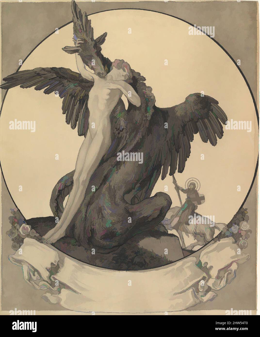 Kunst inspiriert von Studie für ein Bookplate mit St. George Rettet ein Mädchen aus einem Drachen, Ende 19.–Anfang 20. Jahrhundert, Stift und schwarze Tinte, Pinsel und grau-schwarz waschen, über schwarzer Kreide., 19 1/4 x 15 9/16 Zoll (48,9 x 39,5 cm), Zeichnungen, Franz von Bayros (Österreicher, Zagreb 1866–1924 Wien, Klassische Werke, die von Artotop mit einem Schuss Moderne modernisiert wurden. Formen, Farbe und Wert, auffällige visuelle Wirkung auf Kunst. Emotionen durch Freiheit von Kunstwerken auf zeitgemäße Weise. Eine zeitlose Botschaft, die eine wild kreative neue Richtung verfolgt. Künstler, die sich dem digitalen Medium zuwenden und die Artotop NFT erschaffen Stockfoto