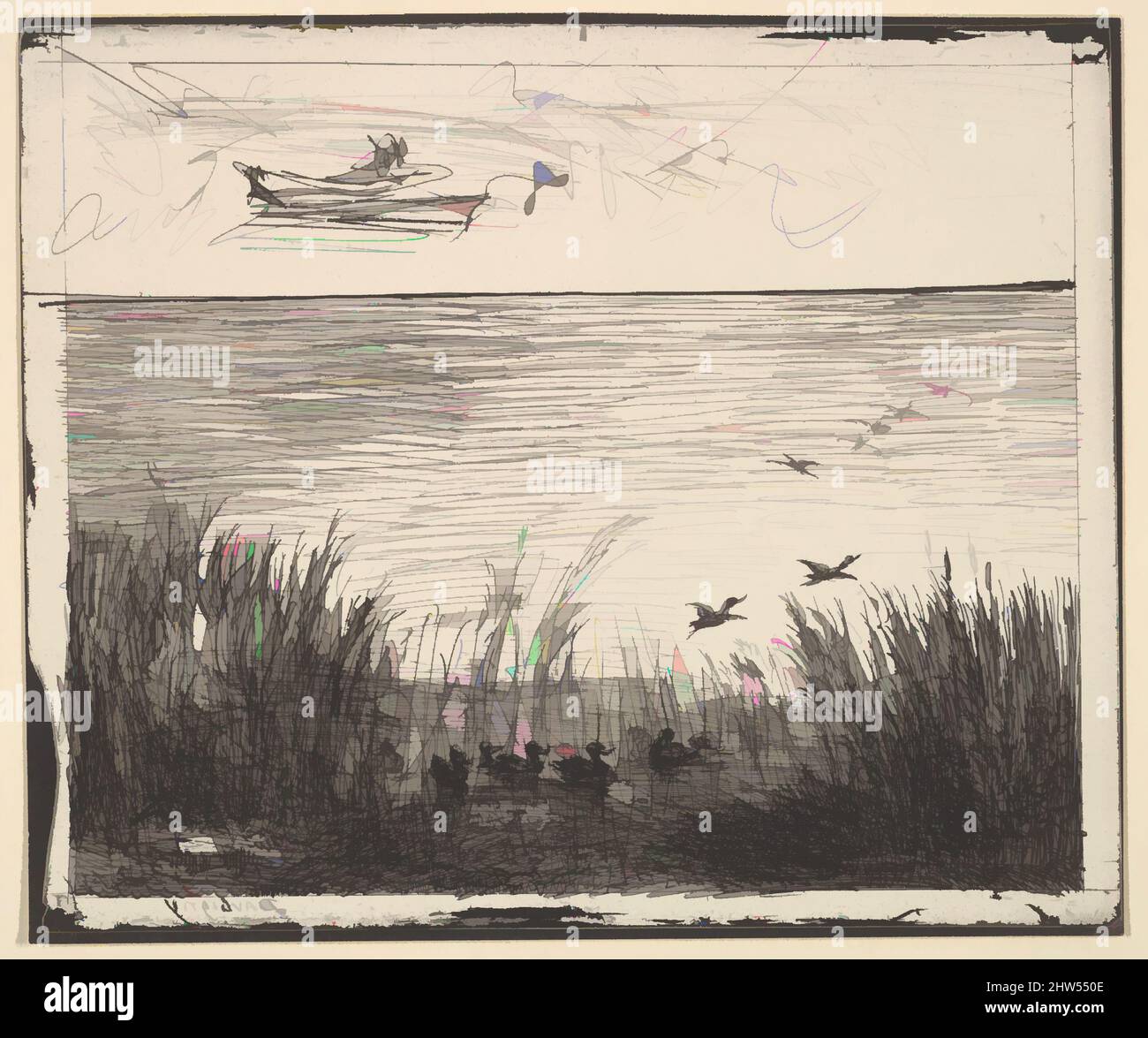 Art inspired by Ducks in the Marshes, 1862 Neudruck 1921, cliché-verre, Bild: 5 15/16 × 7 1/4 in. (15,1 × 18,4 cm), Drucke, Charles-François Daubigny (Französisch, Paris 1817–1878 Paris, Klassische Werke, die von Artotop mit einem Schuss Moderne modernisiert wurden. Formen, Farbe und Wert, auffällige visuelle Wirkung auf Kunst. Emotionen durch Freiheit von Kunstwerken auf zeitgemäße Weise. Eine zeitlose Botschaft, die eine wild kreative neue Richtung verfolgt. Künstler, die sich dem digitalen Medium zuwenden und die Artotop NFT erschaffen Stockfoto