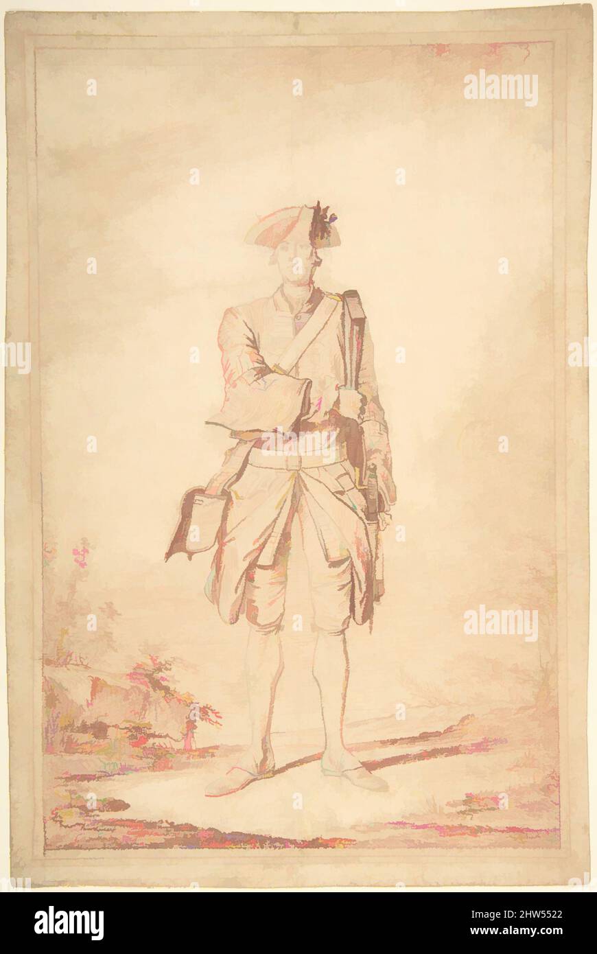 Kunst inspiriert von Standing Soldier: Garde Française, 18.. Jahrhundert, Rote Kreide über Graphitspuren, 9 7/16 x 6 5/16 cm (24 x 16 cm), Zeichnungen, Charles Dominique Joseph Eisen (Französisch, Valenciennes 1720–1778 Brüssel), bis 1983 war diese Zeichnung vermutlich Antoine Watteau. Wir, Classic Works modernisiert von Artotop mit einem Schuss Moderne. Formen, Farbe und Wert, auffällige visuelle Wirkung auf Kunst. Emotionen durch Freiheit von Kunstwerken auf zeitgemäße Weise. Eine zeitlose Botschaft, die eine wild kreative neue Richtung verfolgt. Künstler, die sich dem digitalen Medium zuwenden und die Artotop NFT erschaffen Stockfoto