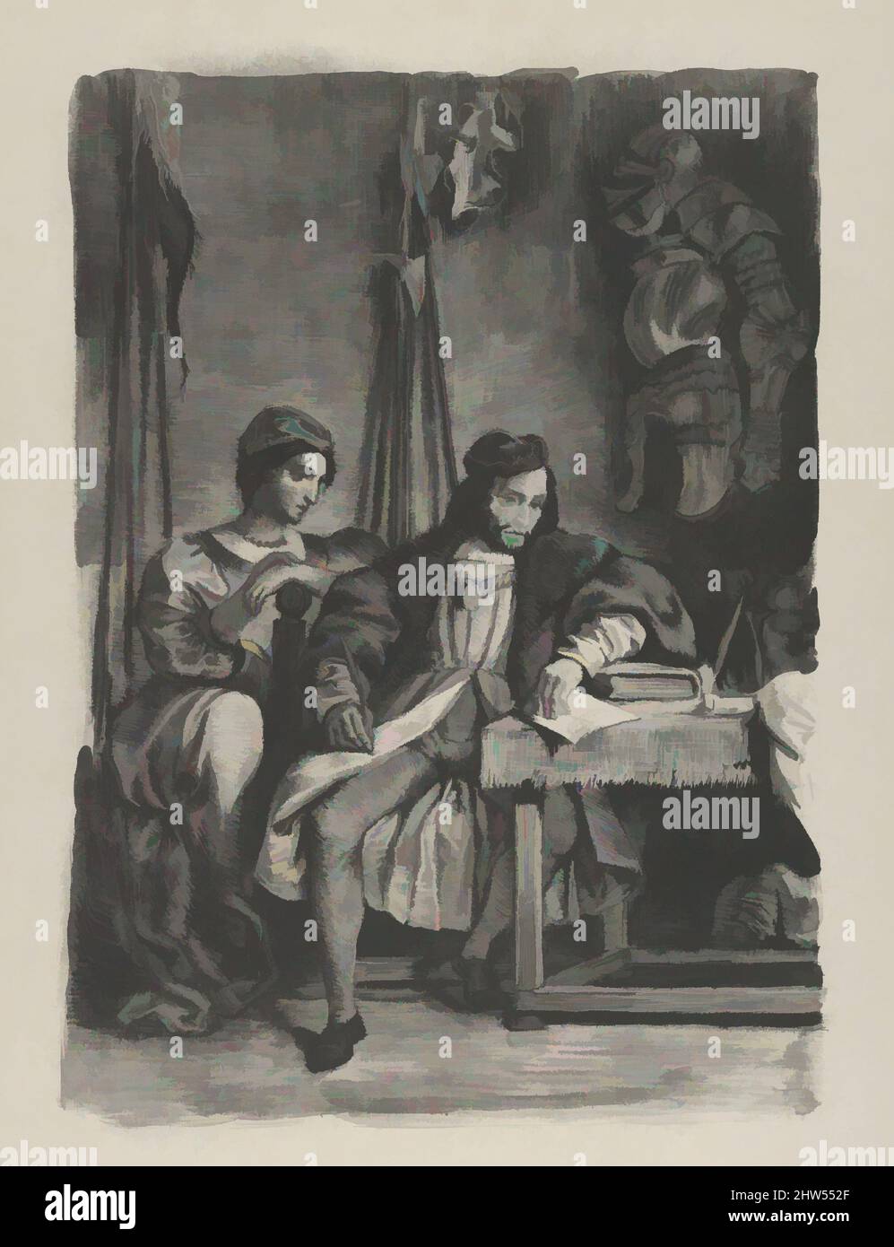 Kunst inspiriert von Goetz von Berlichingen beim Schreiben seiner Memoiren, 1836–43, Lithograph; zweiter Zustand von vier, Bild: 10 7/16 x 7 9/16 in. (26,5 x 19,2 cm), Drucke, Eugène Delacroix (französisch, Charenton-Saint-Maurice 1798–1863 Paris), das Thema dieses Drucks basiert auf einer Szene in Goethes, Klassischen Werken, die von Artotop mit einem Schuss Moderne modernisiert wurden. Formen, Farbe und Wert, auffällige visuelle Wirkung auf Kunst. Emotionen durch Freiheit von Kunstwerken auf zeitgemäße Weise. Eine zeitlose Botschaft, die eine wild kreative neue Richtung verfolgt. Künstler, die sich dem digitalen Medium zuwenden und die Artotop NFT erschaffen Stockfoto