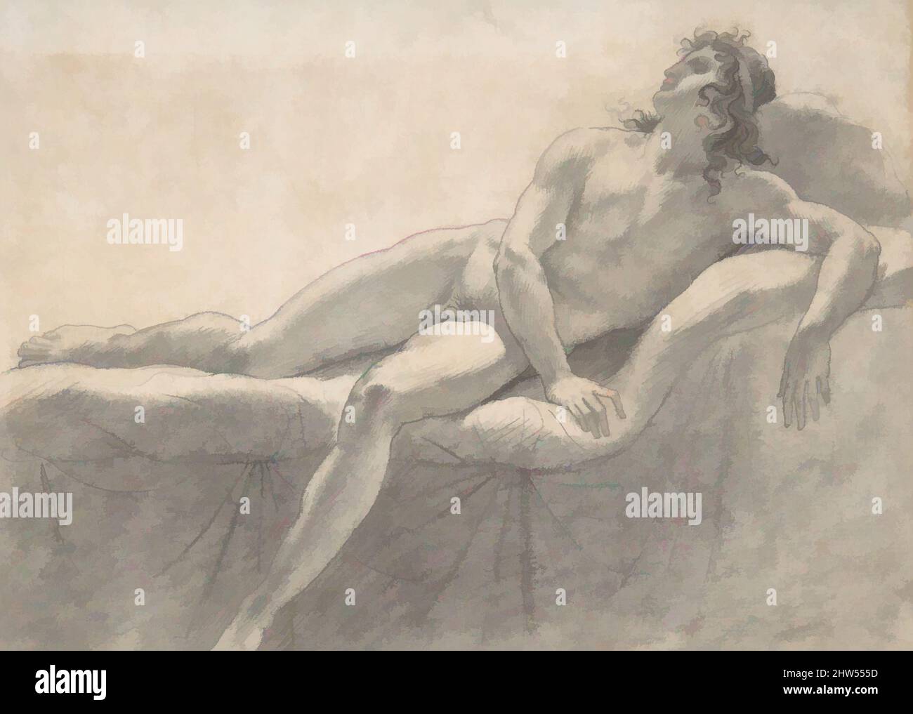 Kunst inspiriert von Male Nude Reclining auf einem Divan, ca. 1793, schwarze Kreide, gerieben, 6 7/8 x 9 1/2 Zoll (17,4 x 24,2 cm), Zeichnungen, Anne Louis Girodet-Trioson (Französisch, Montargis 1767–1824 Paris, Klassische Werke, die von Artotop mit einem Schuss Moderne modernisiert wurden. Formen, Farbe und Wert, auffällige visuelle Wirkung auf Kunst. Emotionen durch Freiheit von Kunstwerken auf zeitgemäße Weise. Eine zeitlose Botschaft, die eine wild kreative neue Richtung verfolgt. Künstler, die sich dem digitalen Medium zuwenden und die Artotop NFT erschaffen Stockfoto