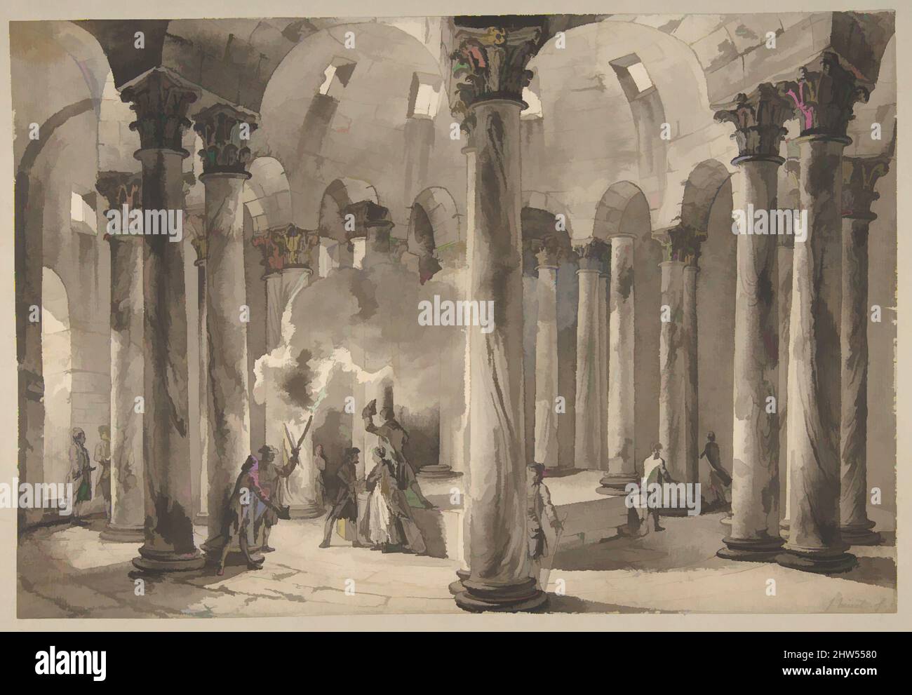 Kunst inspiriert von Besuchern mit Fackeln in einem kreisförmigen Gebäude, ca. 1769, Stift und braune Tinte, grau-braune Wäsche, mit weißen Akzenten verstärkt, über Spuren schwarzer Kreide, 10 9/16 x 15 1/2 Zoll (26,8 x 39,3 cm.), Zeichnungen, Jean Pierre Louis Laurent Hoüel (Französisch, Rouen 1735–1813 Paris, Klassische Werke, die von Artotop mit einem Schuss Moderne modernisiert wurden. Formen, Farbe und Wert, auffällige visuelle Wirkung auf Kunst. Emotionen durch Freiheit von Kunstwerken auf zeitgemäße Weise. Eine zeitlose Botschaft, die eine wild kreative neue Richtung verfolgt. Künstler, die sich dem digitalen Medium zuwenden und die Artotop NFT erschaffen Stockfoto