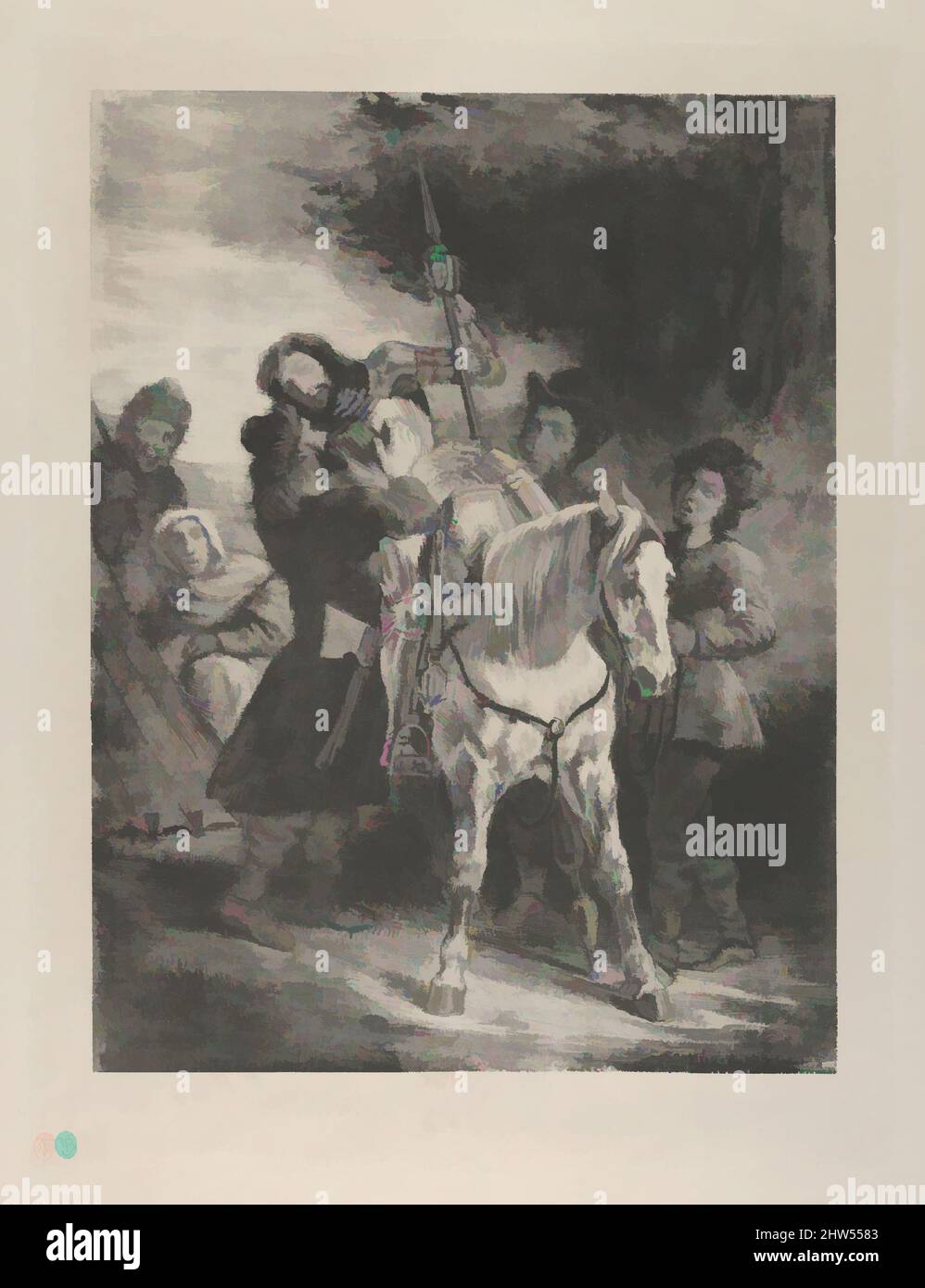 Kunst, inspiriert von der Verwundeten Goetz, aufgenommen von den Zigeunern, 1836–43, Lithographie; zweiter Zustand von zwei, Bild: 11 15/16 × 9 1/16 in. (30,3 × 23 cm), Drucke, Eugène Delacroix (französisch, Charenton-Saint-Maurice 1798–1863 Paris), nach einer Szene in Goethes Theaterstück (1773 erschienen, Klassische Werke, die von Artotop mit einem Schuss Moderne modernisiert wurden. Formen, Farbe und Wert, auffällige visuelle Wirkung auf Kunst. Emotionen durch Freiheit von Kunstwerken auf zeitgemäße Weise. Eine zeitlose Botschaft, die eine wild kreative neue Richtung verfolgt. Künstler, die sich dem digitalen Medium zuwenden und die Artotop NFT erschaffen Stockfoto