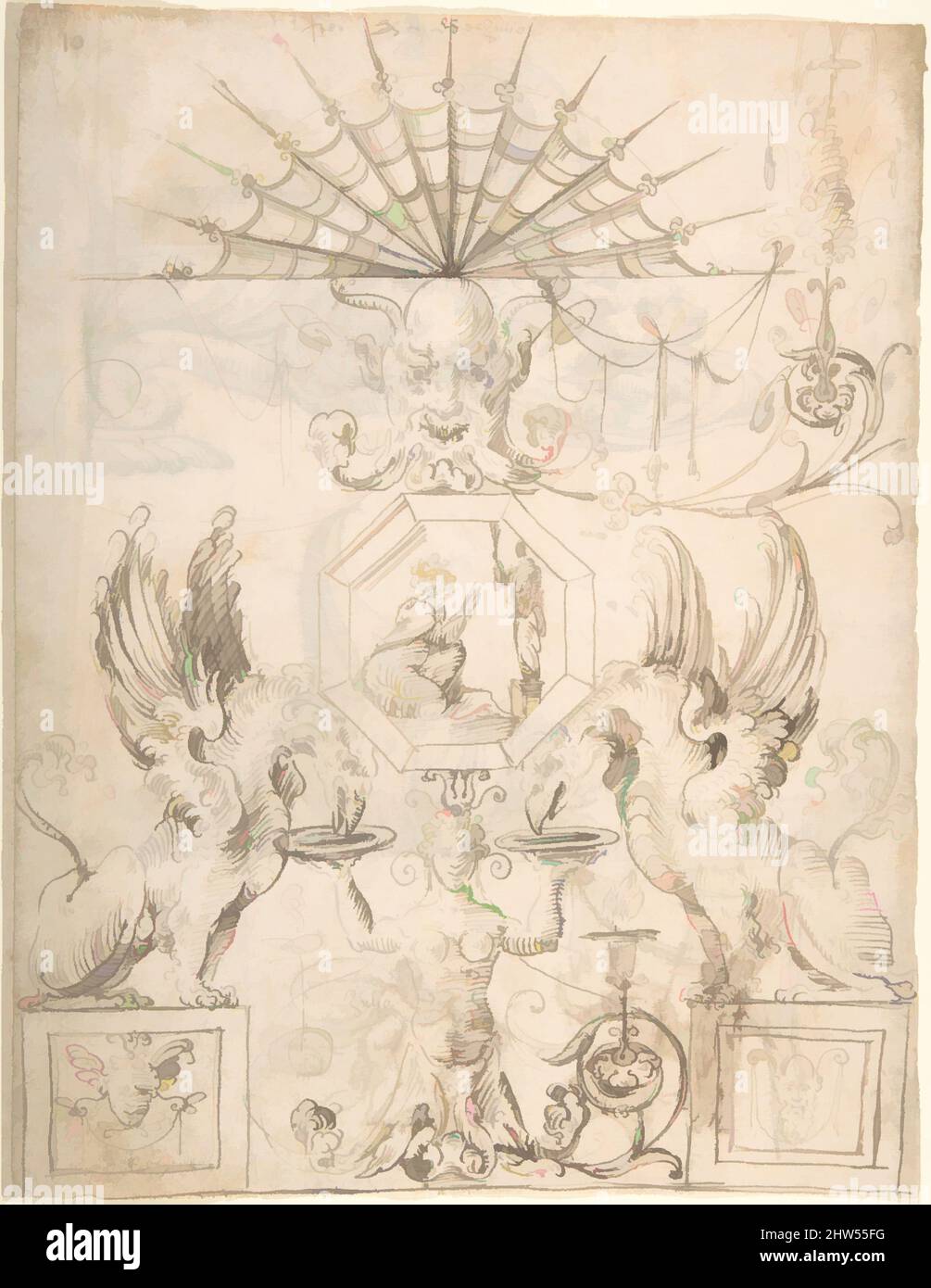 Kunst inspiriert von groteskem Design mit einem achteckigen Panel in der Mitte und zwei Griffen, die aus Platten trinken, die von einer hybriden Kreatur gehalten werden (Rekto); zwei Schildkröten über einer Szene mit vier Figuren (verso), ca. 1545–60, Stift und dunkelbraune Tinte (recto); Stift und schwarze Tinte auf zwei Schildkrötenfiguren, Classic Works modernisiert von Artotop mit einem Schuss Moderne. Formen, Farbe und Wert, auffällige visuelle Wirkung auf Kunst. Emotionen durch Freiheit von Kunstwerken auf zeitgemäße Weise. Eine zeitlose Botschaft, die eine wild kreative neue Richtung verfolgt. Künstler, die sich dem digitalen Medium zuwenden und die Artotop NFT erschaffen Stockfoto