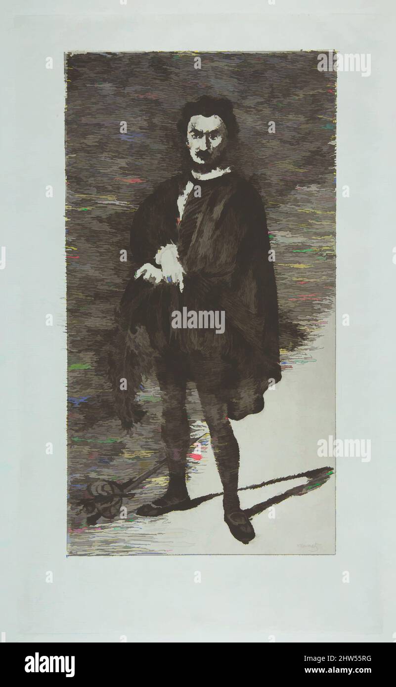 Vom tragischen Schauspieler inspirierte Kunst: Rouvière in der Rolle des Hamlet, 1865–66, Radierung auf blauem Papier, Endzustand (II), aus der Strölin-Ausgabe 1905, Tafel: 14 3/8 x 8 9/16in. (36,5 x 21,7cm), Drucke, Édouard Manet (Französisch, Paris 1832–1883 Paris), Manet Hier werden die gefeierten, von Artotop modernisierten Klassiker mit einem Schuss Moderne präsentiert. Formen, Farbe und Wert, auffällige visuelle Wirkung auf Kunst. Emotionen durch Freiheit von Kunstwerken auf zeitgemäße Weise. Eine zeitlose Botschaft, die eine wild kreative neue Richtung verfolgt. Künstler, die sich dem digitalen Medium zuwenden und die Artotop NFT erschaffen Stockfoto