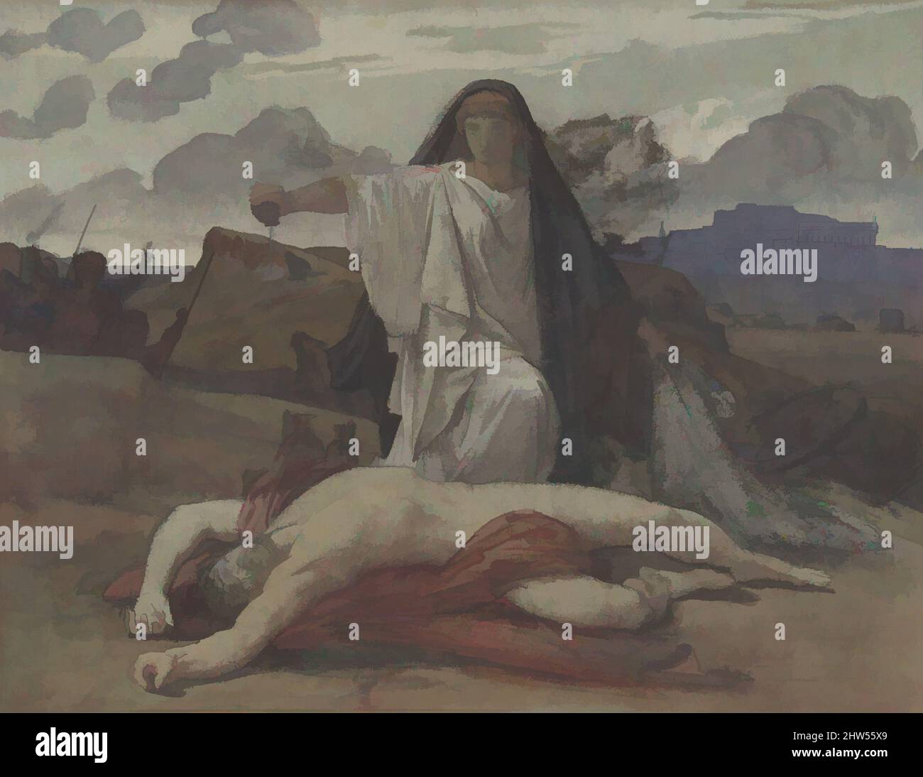 Kunst inspiriert von Antigone gibt Token Bestattung an den Körper ihres Bruders Polynices, 1835–98, Aquarell, Stift und schwarze Tinte über schwarzer Kreide, auf graugrünem Papier, 10 13/16 x 13 7/8 Zoll (27,4 x 35,3 cm), Zeichnungen, Jules-Eugène Lenepveu (Französisch, Angers 1819–1898 Paris, Klassische Werke, die von Artotop mit einem Schuss Moderne modernisiert wurden. Formen, Farbe und Wert, auffällige visuelle Wirkung auf Kunst. Emotionen durch Freiheit von Kunstwerken auf zeitgemäße Weise. Eine zeitlose Botschaft, die eine wild kreative neue Richtung verfolgt. Künstler, die sich dem digitalen Medium zuwenden und die Artotop NFT erschaffen Stockfoto