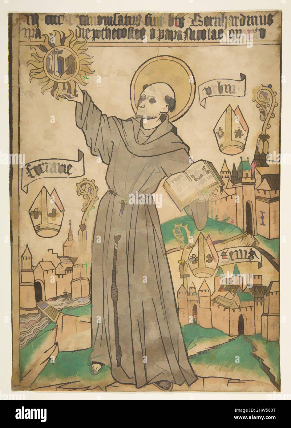 Kunst inspiriert von San Bernardino von Siena, ca. 1465, Holzschnitt, handkoloriert, 10-3/8 x 7-3/8 in., Drucke, Anonym, Deutsch, Oberdeutschland, 15.. Jahrhundert, Klassisches Werk, modernisiert von Artotop mit einem Schuss Moderne. Formen, Farbe und Wert, auffällige visuelle Wirkung auf Kunst. Emotionen durch Freiheit von Kunstwerken auf zeitgemäße Weise. Eine zeitlose Botschaft, die eine wild kreative neue Richtung verfolgt. Künstler, die sich dem digitalen Medium zuwenden und die Artotop NFT erschaffen Stockfoto