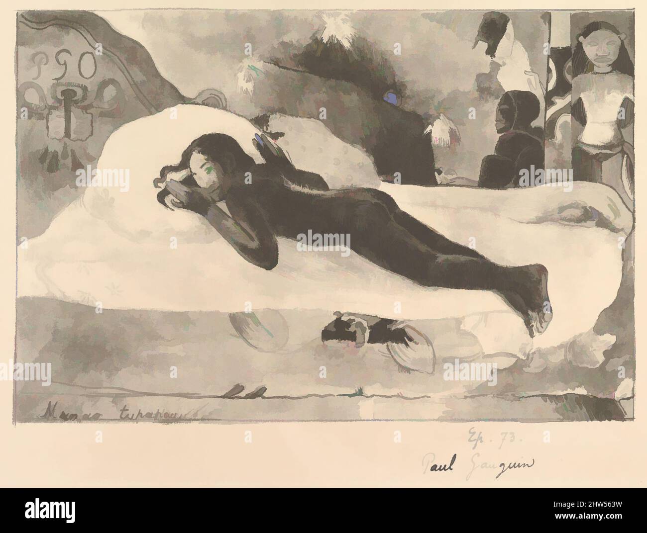 Kunst inspiriert von Spirit of the Dead Watching (Manao Tupapau), April–Juni 1894, Zincograph auf Wobentpapier, Bild: 7 3/16 x 10 11/16 Zoll (18,3 x 27,2 cm), Drucke, Paul Gauguin (Französisch, Paris 1848–1903 Atuona, Hiva OA, Marquesas Islands, Klassische Werke, die von Artotop mit einem Hauch von Moderne modernisiert wurden. Formen, Farbe und Wert, auffällige visuelle Wirkung auf Kunst. Emotionen durch Freiheit von Kunstwerken auf zeitgemäße Weise. Eine zeitlose Botschaft, die eine wild kreative neue Richtung verfolgt. Künstler, die sich dem digitalen Medium zuwenden und die Artotop NFT erschaffen Stockfoto