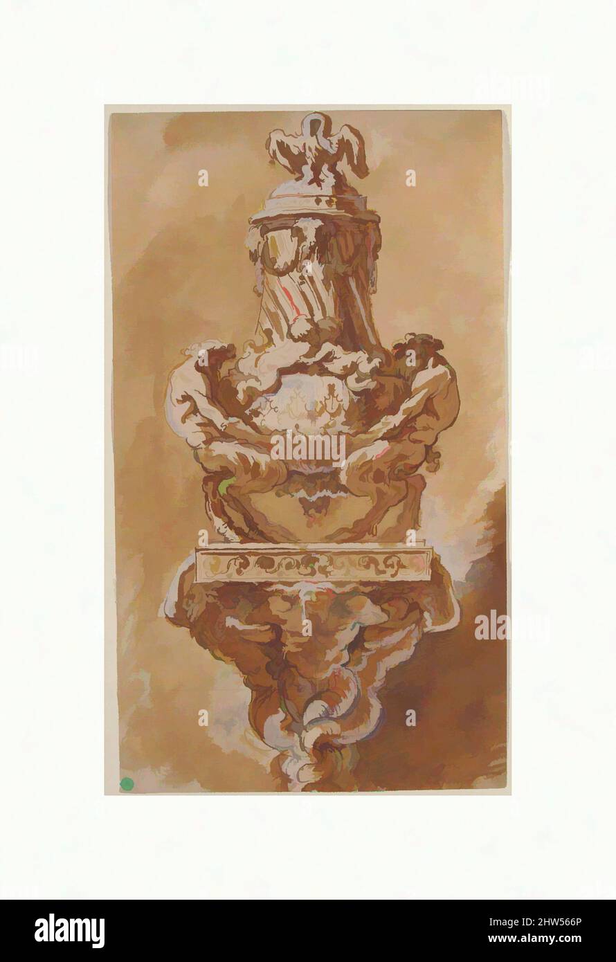 Art Inspired by Design for a Vase and Support Console, n.d., Pen and Brown ink, Brown wash, over black chalk, hehened with white Gouache, 12 7/16 x 7 1/8 in. (31,6 x 18,1 cm), Zeichnungen, Augustin Pajou (französisch, Paris 1730–1809 Paris, Klassische Werke, die von Artotop mit einem Schuss Moderne modernisiert wurden. Formen, Farbe und Wert, auffällige visuelle Wirkung auf Kunst. Emotionen durch Freiheit von Kunstwerken auf zeitgemäße Weise. Eine zeitlose Botschaft, die eine wild kreative neue Richtung verfolgt. Künstler, die sich dem digitalen Medium zuwenden und die Artotop NFT erschaffen Stockfoto