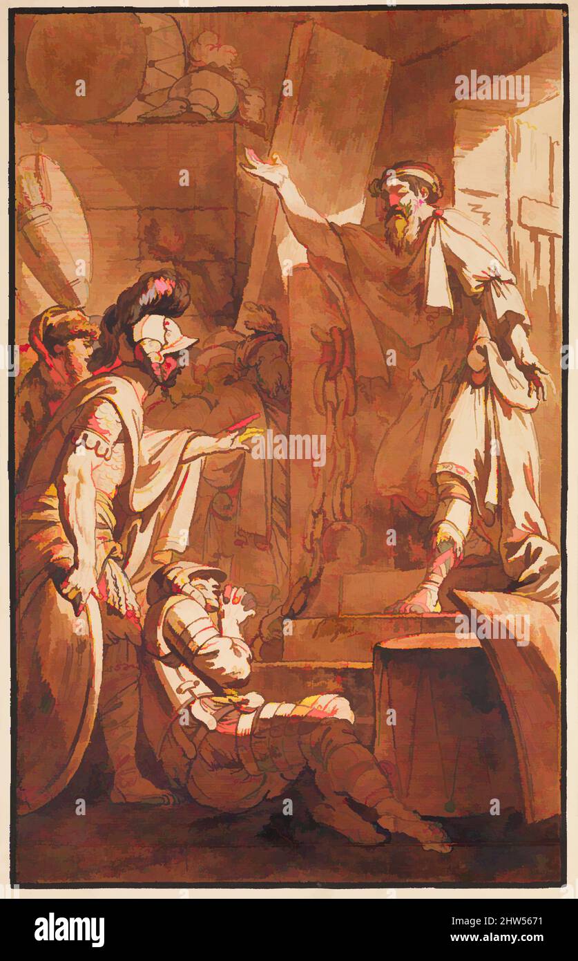 Art Inspired by Messenger at the Door of a Guardhouse, 1786, Stift und braune Tinte, braune Wäsche, über einer roten Kreide gegenbeständig, und Spuren von Graphit, 14 3/4 x 9 1/8 Zoll (37,4 x 23,2 cm), Zeichnungen, Philippe Louis Parizeau (französisch, Paris 1740–1801 Paris, Klassische Werke, die von Artotop mit einem Schuss Moderne modernisiert wurden. Formen, Farbe und Wert, auffällige visuelle Wirkung auf Kunst. Emotionen durch Freiheit von Kunstwerken auf zeitgemäße Weise. Eine zeitlose Botschaft, die eine wild kreative neue Richtung verfolgt. Künstler, die sich dem digitalen Medium zuwenden und die Artotop NFT erschaffen Stockfoto