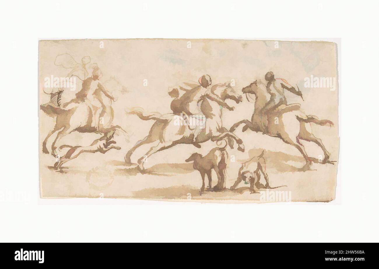 Kunst inspiriert von Pferdejagd, 1624–63, Stift und braune Tinte, Pinsel und braune Wäsche, 2-11/16 x 4-15/16 Zoll (6,8 x 12,5 cm), Zeichnungen, zugeschrieben Francesco Allegrini (italienisch, Cantiano (?) 1615/20–nach 1679 Gubbio, Classic Works modernisiert von Artotop mit einem Schuss Moderne. Formen, Farbe und Wert, auffällige visuelle Wirkung auf Kunst. Emotionen durch Freiheit von Kunstwerken auf zeitgemäße Weise. Eine zeitlose Botschaft, die eine wild kreative neue Richtung verfolgt. Künstler, die sich dem digitalen Medium zuwenden und die Artotop NFT erschaffen Stockfoto