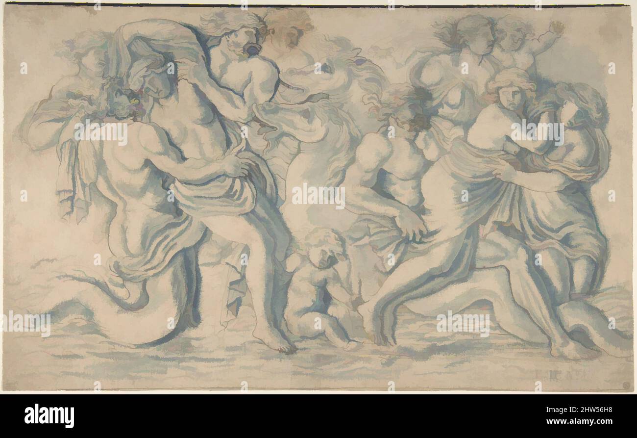 Kunst, inspiriert von Tritons Carrying Off Nereids, n.d., Stift und braune Tinte, blaue Wäsche, 8 11/16 x 14 1/4 Zoll (22,1 x 36,2 cm), Zeichnungen, zugeschrieben François Perrier (Französisch, Saint-Jean-du-Losne/Mâcon 1584–1650 Paris, Klassische Werke, die von Artotop mit einem Schuss Moderne modernisiert wurden. Formen, Farbe und Wert, auffällige visuelle Wirkung auf Kunst. Emotionen durch Freiheit von Kunstwerken auf zeitgemäße Weise. Eine zeitlose Botschaft, die eine wild kreative neue Richtung verfolgt. Künstler, die sich dem digitalen Medium zuwenden und die Artotop NFT erschaffen Stockfoto