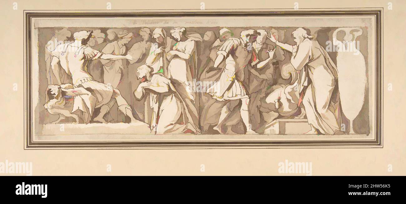 Kunst inspiriert von Szenen aus der Alten Geschichte, nach Polidoro da Caravaggio, 1560–1608, Feder und braune Tinte, Pinsel und braune Wäsche, über Spuren schwarzer Kreide. Rahmenlinien in schwarzer Kreide, 4 11/16 x 13 1/8in. (11,9 x 33,3cm), Zeichnungen, zugeschrieben Andrea Boscoli (Italienisch, Florence Ca, Klassische Werke, die von Artotop mit einem Schuss Moderne modernisiert wurden. Formen, Farbe und Wert, auffällige visuelle Wirkung auf Kunst. Emotionen durch Freiheit von Kunstwerken auf zeitgemäße Weise. Eine zeitlose Botschaft, die eine wild kreative neue Richtung verfolgt. Künstler, die sich dem digitalen Medium zuwenden und die Artotop NFT erschaffen Stockfoto