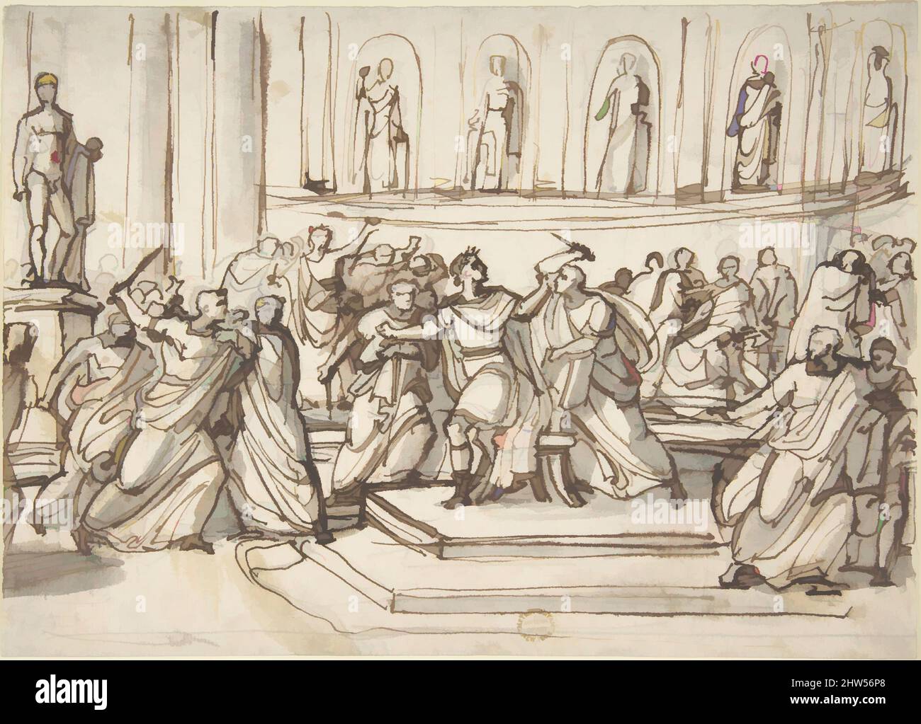 Kunst inspiriert von der Attentat auf Julius Caesar, 1771–1844, Stift und braune Tinte mit Pinsel und grauem Wash over Graphit, 7 9/16 x 10 9/16in. (19,2 x 26,9cm), Zeichnungen, Vincenzo Camuccini (Italienisch, Rom 1771–1844 Rom, Klassische Werke, die von Artotop mit einem Schuss Moderne modernisiert wurden. Formen, Farbe und Wert, auffällige visuelle Wirkung auf Kunst. Emotionen durch Freiheit von Kunstwerken auf zeitgemäße Weise. Eine zeitlose Botschaft, die eine wild kreative neue Richtung verfolgt. Künstler, die sich dem digitalen Medium zuwenden und die Artotop NFT erschaffen Stockfoto