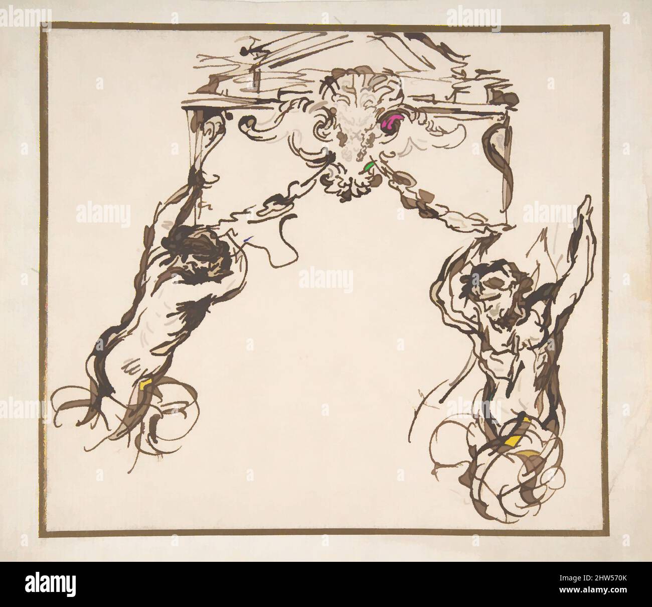 Kunst inspiriert von Satyrs, die ein Ornamentmotiv unterstützen, 1596–1669, Stift und braune Tinte, 6 9/16 x 7 5/16in. (16,7 x 18,6cm), Zeichnungen, Pietro da Cortona (Pietro Berrettini) (Italienisch, Cortona 1596–1669 Rom, Klassische Werke, die von Artotop mit einem Schuss Moderne modernisiert wurden. Formen, Farbe und Wert, auffällige visuelle Wirkung auf Kunst. Emotionen durch Freiheit von Kunstwerken auf zeitgemäße Weise. Eine zeitlose Botschaft, die eine wild kreative neue Richtung verfolgt. Künstler, die sich dem digitalen Medium zuwenden und die Artotop NFT erschaffen Stockfoto