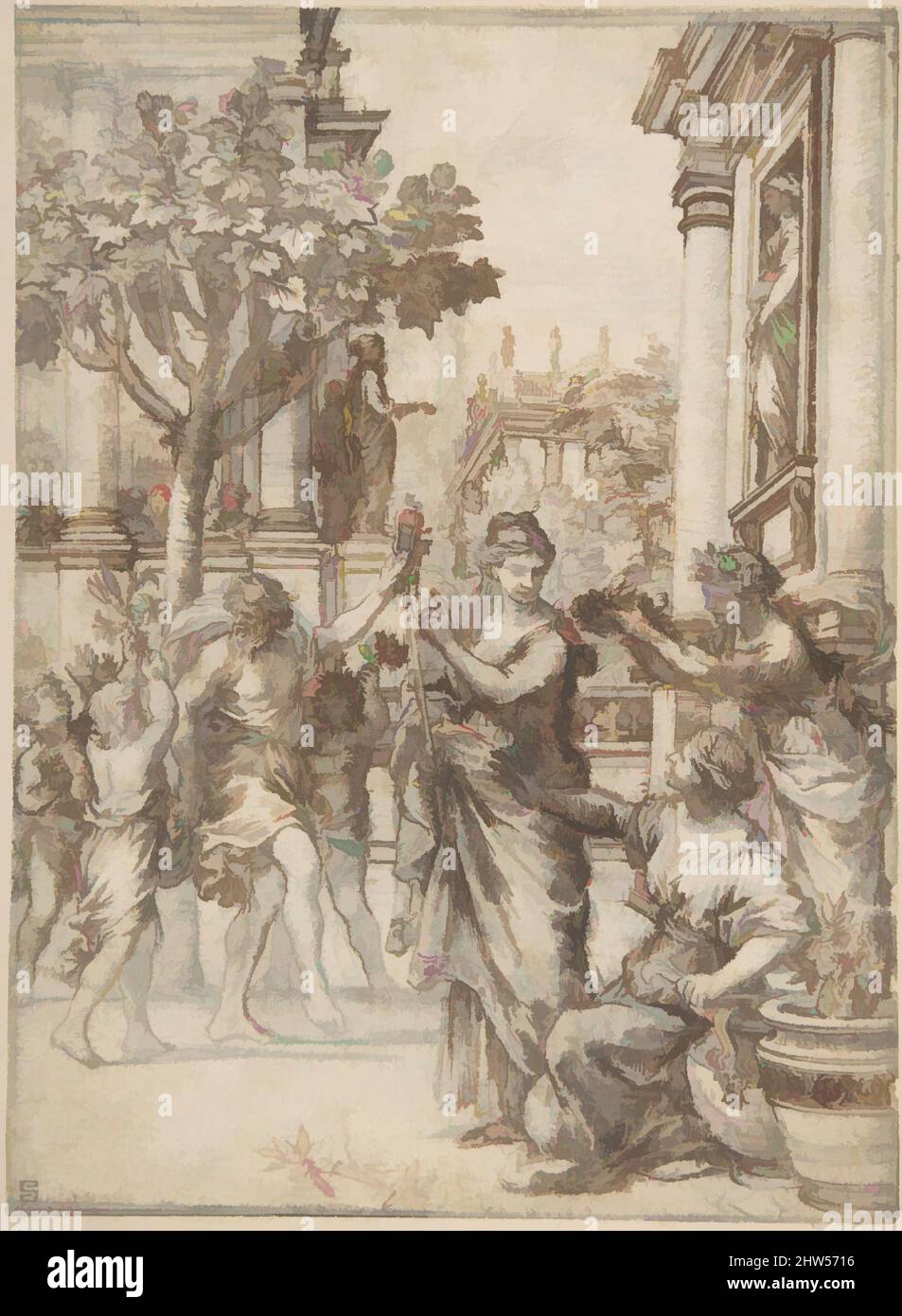 Kunst inspiriert vom Triumph der Natur über die Kunst (Entwurf für eine Gravur von 'De Florum Cultura'), ca. 1633, Stift und braune Tinte, Pinsel und braune Wäsche, über schwarzer Kreide, 7 13/16 x 5 11/16in. (19,9 x 14,5cm), Zeichnungen, Pietro da Cortona (Pietro Berrettini) (Italienisch, Cortona 1596–1669 Rom, Klassische Werke, die von Artotop mit einem Schuss Moderne modernisiert wurden. Formen, Farbe und Wert, auffällige visuelle Wirkung auf Kunst. Emotionen durch Freiheit von Kunstwerken auf zeitgemäße Weise. Eine zeitlose Botschaft, die eine wild kreative neue Richtung verfolgt. Künstler, die sich dem digitalen Medium zuwenden und die Artotop NFT erschaffen Stockfoto