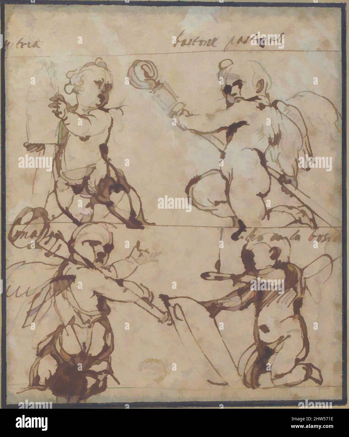 Kunst inspiriert von Putti mit Mitre, Bischofsstab, Buch und Kerze, 1597–1630, Stift und braune Tinte auf verblichenem blauem Papier, 6-1/4 x 5-3/8 Zoll (15,9 x 13,6 cm), Zeichnungen, Daniele Crespi (Italienisch, Busto Arsizio 1597/1600–1630 Mailand, Klassische Werke, die von Artotop mit einem Schuss Moderne modernisiert wurden. Formen, Farbe und Wert, auffällige visuelle Wirkung auf Kunst. Emotionen durch Freiheit von Kunstwerken auf zeitgemäße Weise. Eine zeitlose Botschaft, die eine wild kreative neue Richtung verfolgt. Künstler, die sich dem digitalen Medium zuwenden und die Artotop NFT erschaffen Stockfoto