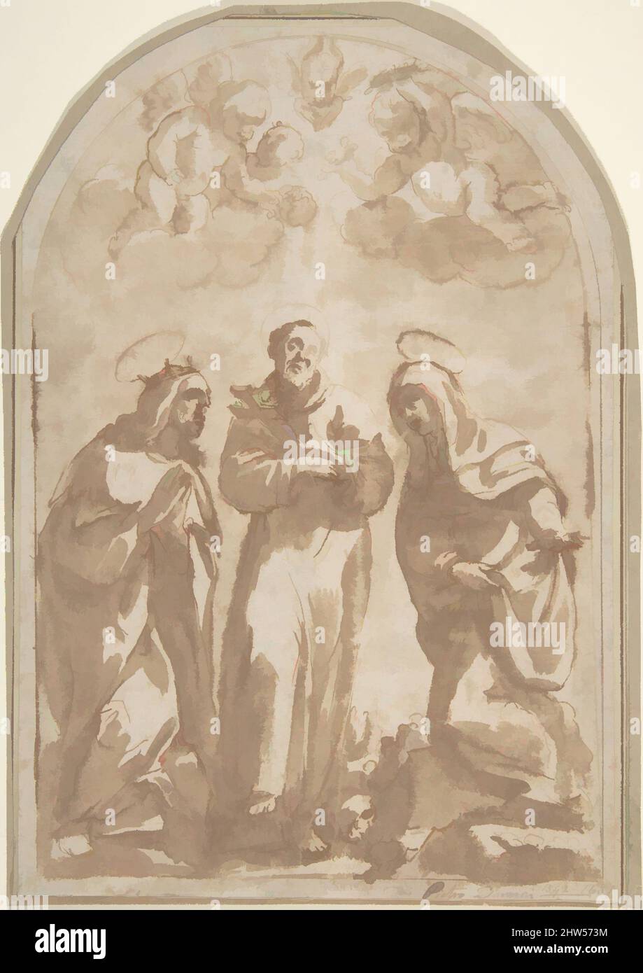 Kunst inspiriert von Saint Louis von Frankreich, Saint Francis, und eine weibliche Klosterheilige, 1592–1631, Stift und braune Tinte, Pinsel und braune Wäsche, 8 1/2 x 5 13/16in. (21,6 x 14,8cm), Zeichnungen, Pietro Damini (Pietro Damini da Castelfranco) (Italienisch, Castelfranco 1592–1631 Padua, Klassische Werke, die von Artotop mit einem Schuss Moderne modernisiert wurden. Formen, Farbe und Wert, auffällige visuelle Wirkung auf Kunst. Emotionen durch Freiheit von Kunstwerken auf zeitgemäße Weise. Eine zeitlose Botschaft, die eine wild kreative neue Richtung verfolgt. Künstler, die sich dem digitalen Medium zuwenden und die Artotop NFT erschaffen Stockfoto