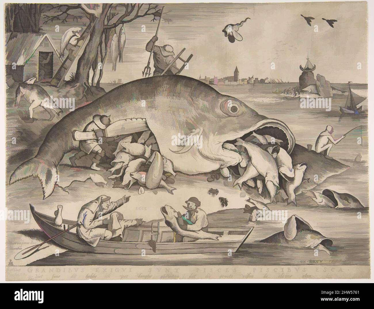 Art Inspired by Big Fish Eat Little Fish, 1557, Gravur; erster Zustand von vier, 9 x 11 5/8 Zoll (22,9 x 29,6 cm), Drucke, Pieter van der Heyden (Niederländisch, ca. 1525–1569), Pieter Bruegel der Ältere (Niederländisch, Breda (?) Ca. 1525–1569 Brüssel), eines der eindringlichsten Werke von Bruegel, das von Artotop mit einem Schuss Moderne modernisiert wurde. Formen, Farbe und Wert, auffällige visuelle Wirkung auf Kunst. Emotionen durch Freiheit von Kunstwerken auf zeitgemäße Weise. Eine zeitlose Botschaft, die eine wild kreative neue Richtung verfolgt. Künstler, die sich dem digitalen Medium zuwenden und die Artotop NFT erschaffen Stockfoto