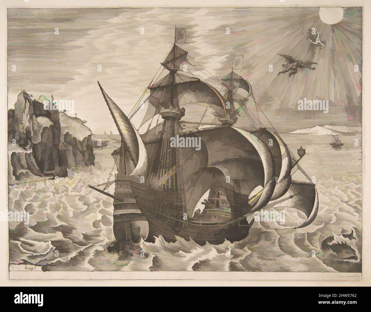 Kunst inspiriert von bewaffneten drei-Meistern mit Daedalus und Icarus in the Sky von den Segelschiffen, 1561–65, Gravur; erster Zustand von drei, Blatt: 8 3/4 x 11 5/16 Zoll (22,2 x 28,7 cm), Drucke, nach Pieter Bruegel dem Älteren (Niederländisch, Breda (?) Ca. 1525–1569 Brüssel), Frans Huys (, Klassische Werke, die von Artotop mit einem Schuss Moderne modernisiert wurden. Formen, Farbe und Wert, auffällige visuelle Wirkung auf Kunst. Emotionen durch Freiheit von Kunstwerken auf zeitgemäße Weise. Eine zeitlose Botschaft, die eine wild kreative neue Richtung verfolgt. Künstler, die sich dem digitalen Medium zuwenden und die Artotop NFT erschaffen Stockfoto