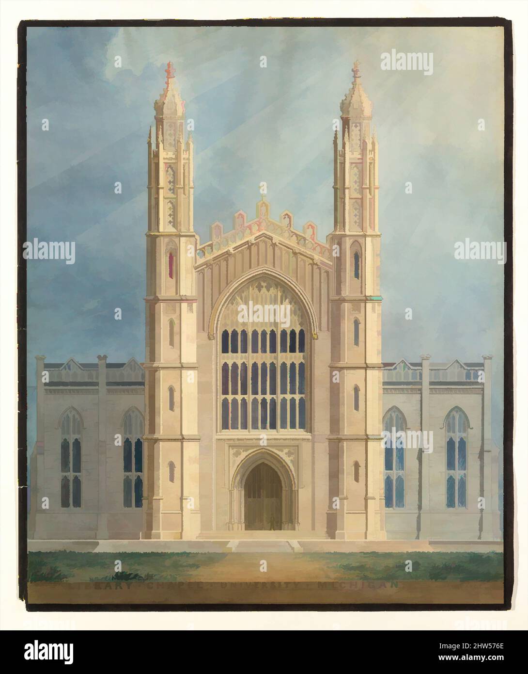 Kunst inspiriert von Library and Chapel, University of Michigan, Ann Arbor (Frontansicht), 1838–39, Aquarell, Tinte und Graphit auf Papier, Blatt: 31 3/8 x 26 1/8 Zoll (79,7 x 66,4 cm), Zeichnungen, Alexander Jackson Davis (amerikanisch, New York 1803–1892 West Orange, New Jersey, Klassische Werke, die von Artotop mit einem Schuss Moderne modernisiert wurden. Formen, Farbe und Wert, auffällige visuelle Wirkung auf Kunst. Emotionen durch Freiheit von Kunstwerken auf zeitgemäße Weise. Eine zeitlose Botschaft, die eine wild kreative neue Richtung verfolgt. Künstler, die sich dem digitalen Medium zuwenden und die Artotop NFT erschaffen Stockfoto